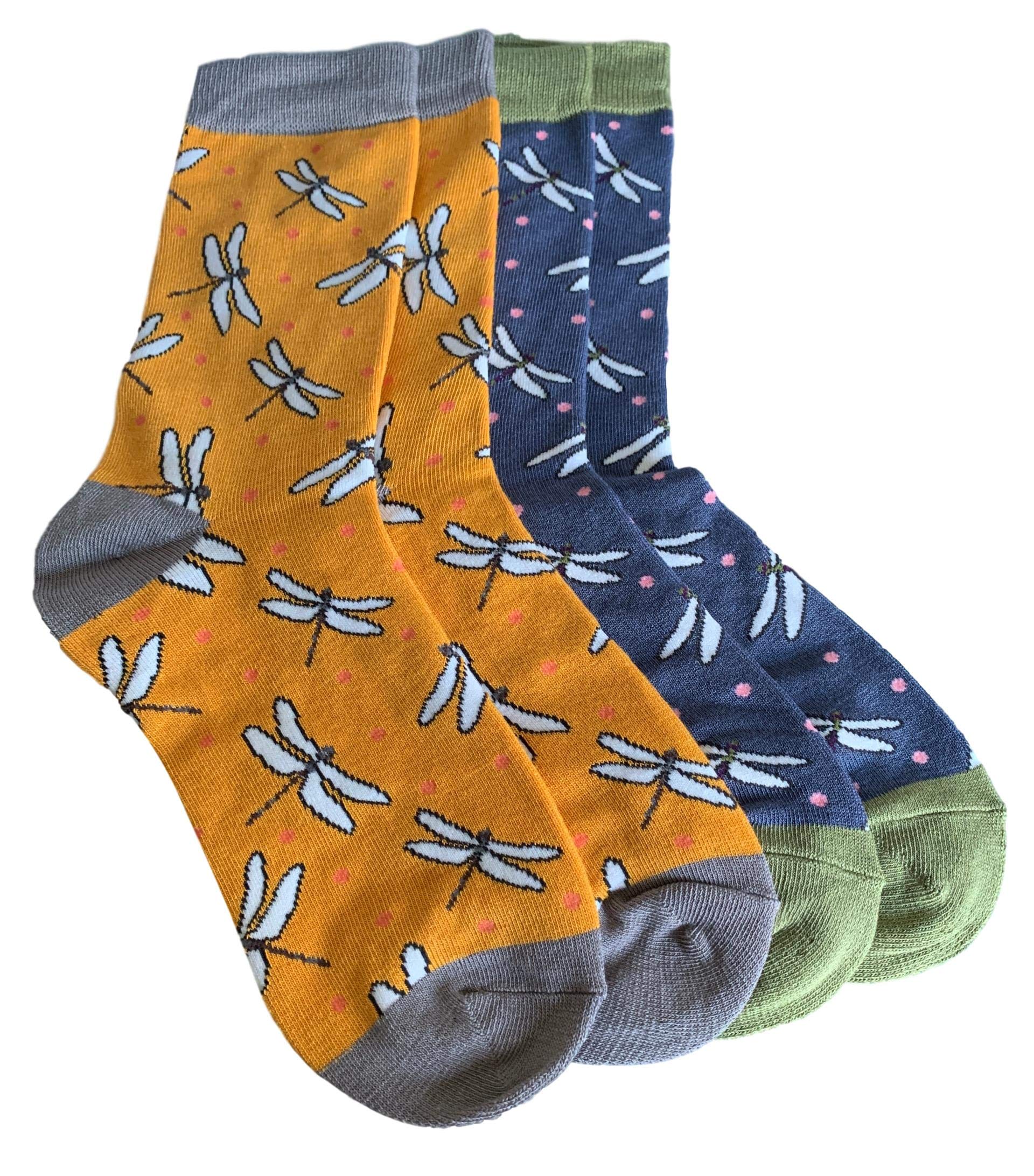 Purple Possum® Ladies Socks 2 Pair Pack Dragonfly Print Bamboo Cotton Blend Dragonflies Mustard Yellow Blue