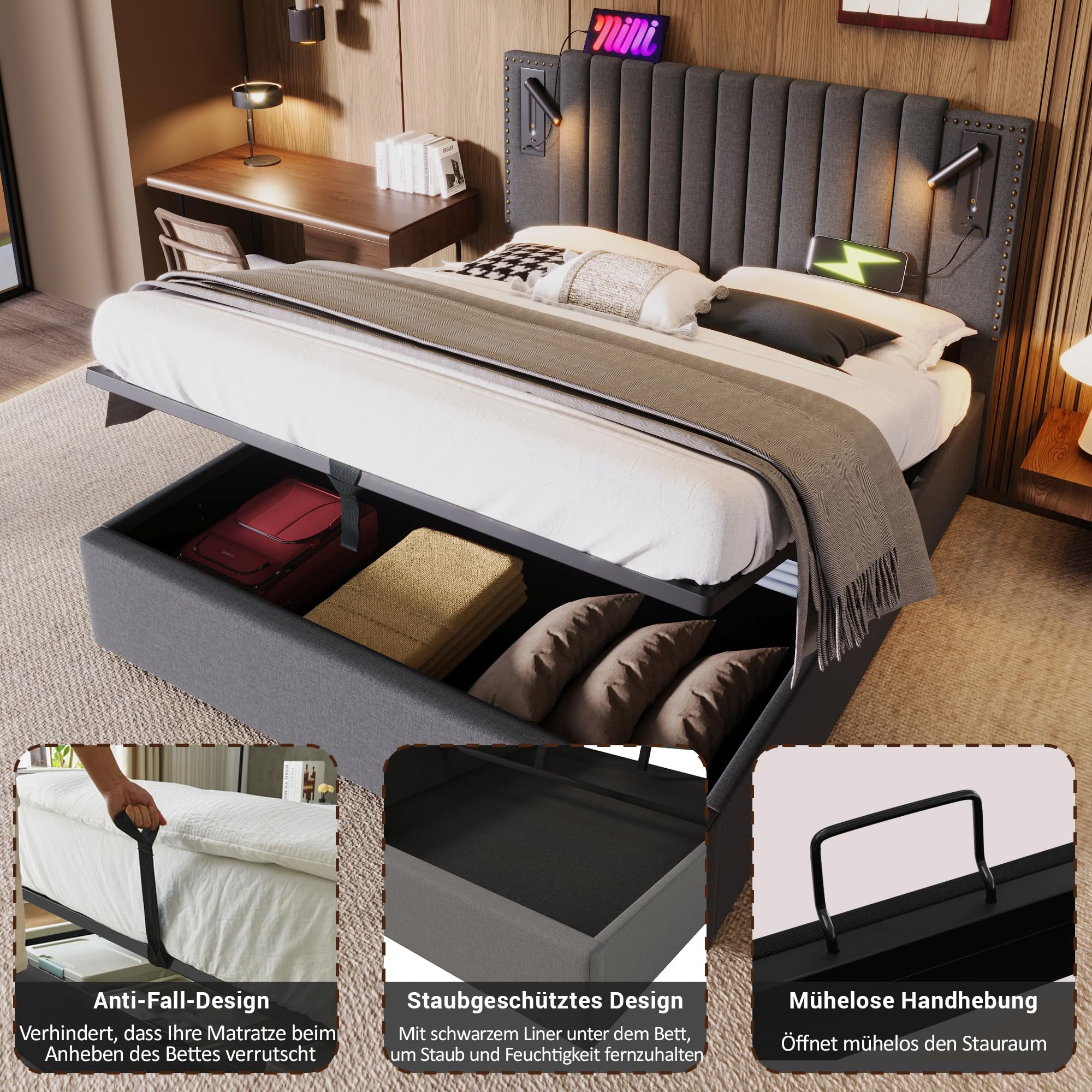 Kayan Polsterbett 180x200cm, Boxspringbett mit hydraulisches Bettkasten, Bett mit Lattenrost, Leselicht mit USB Ladefunktion Kopfteil, Stauraumbett Doppelbett Jugendbett (Grau, 180x200cm)