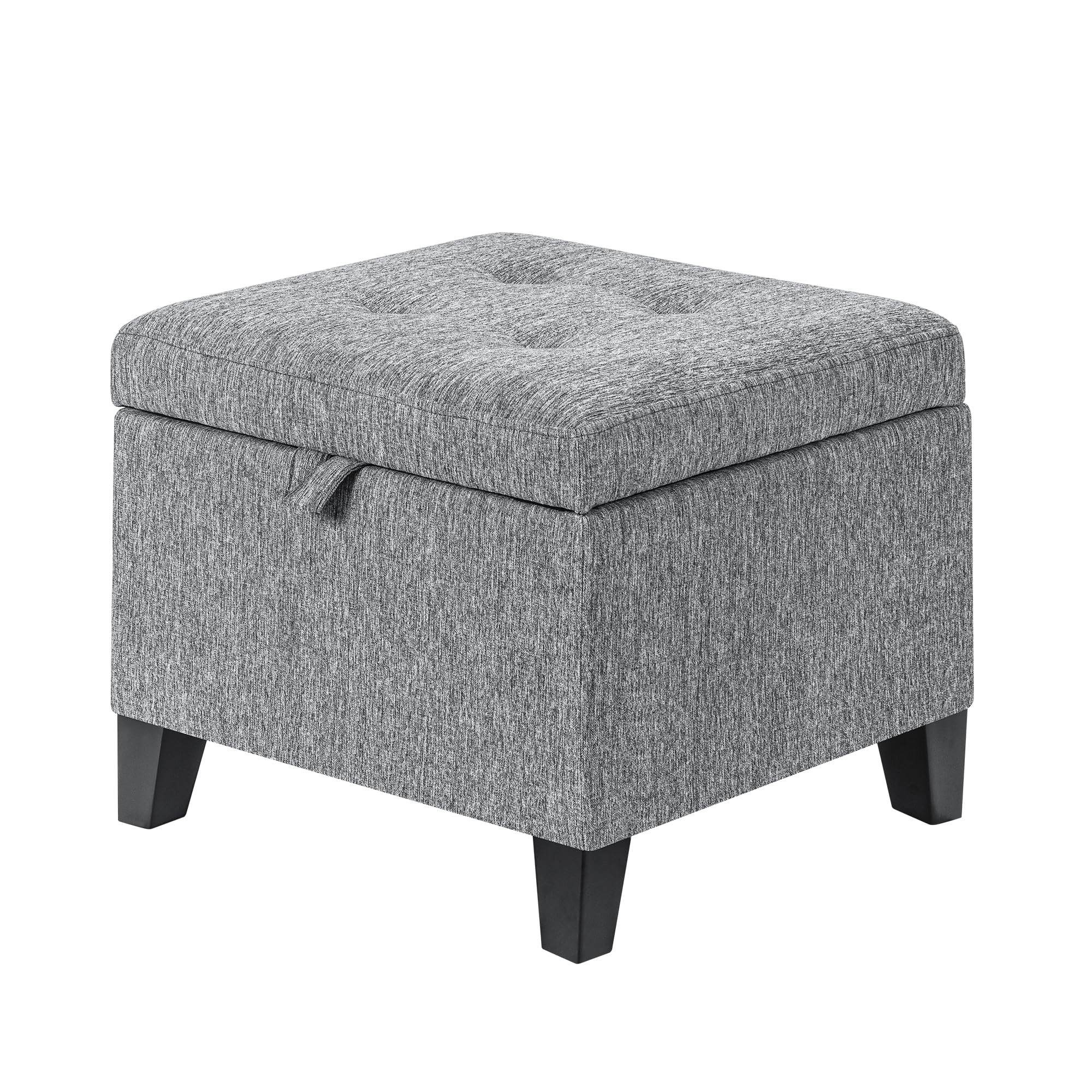 Adeco 17" Square Ottoman with Storage, Small Grey Storage Ottoman Foot Rest with Hinged Lid & Solid Wood Legs, Linen Fabric Foot Stool for Living Room