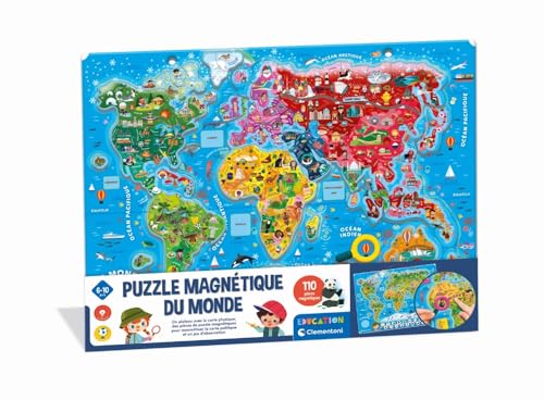 CLEMENTONI - Mon Puzzle Magnétique du Monde 4 Ans + - Planisphère Interactif - Découverte Animaux & Monuments - Jeu Éducatif Enfant