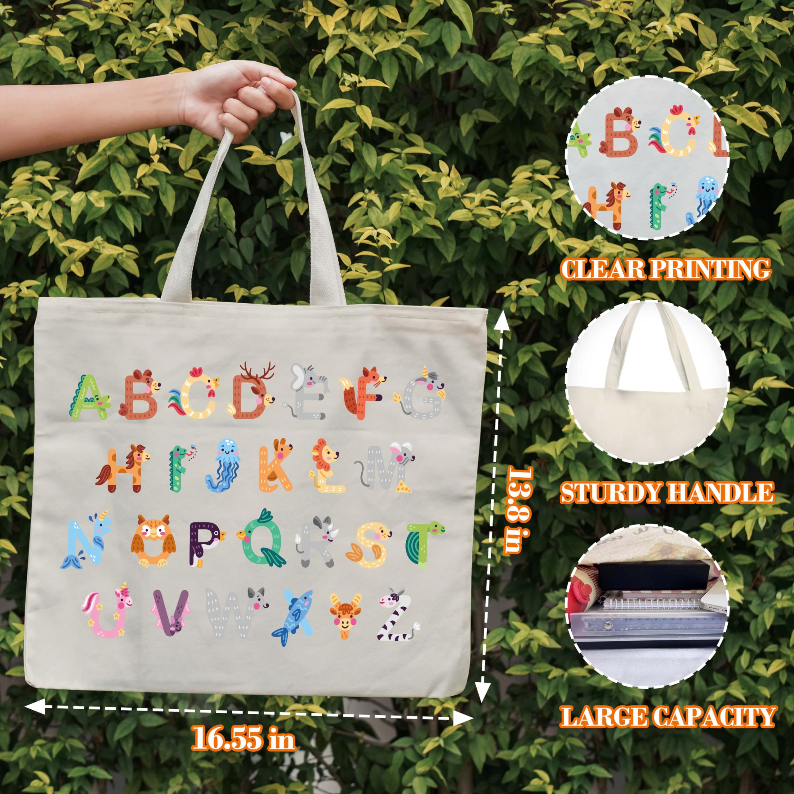 Animals Alphabets Canvas Tote Bag for Women, ABC Letters Learning Tote, Cute Animal Gift Bag, Library Book Bag, Teacher Tote Bags for Books, Shoulder Bag Gifts for Animal Lovers -12 - Image 2