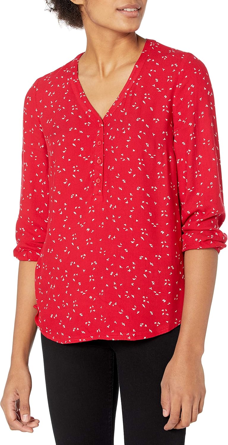 Amazon Essentials Women’s 3/4 Sleeve Button Popover Shirt, Loose-Fit V-Neck Blouse