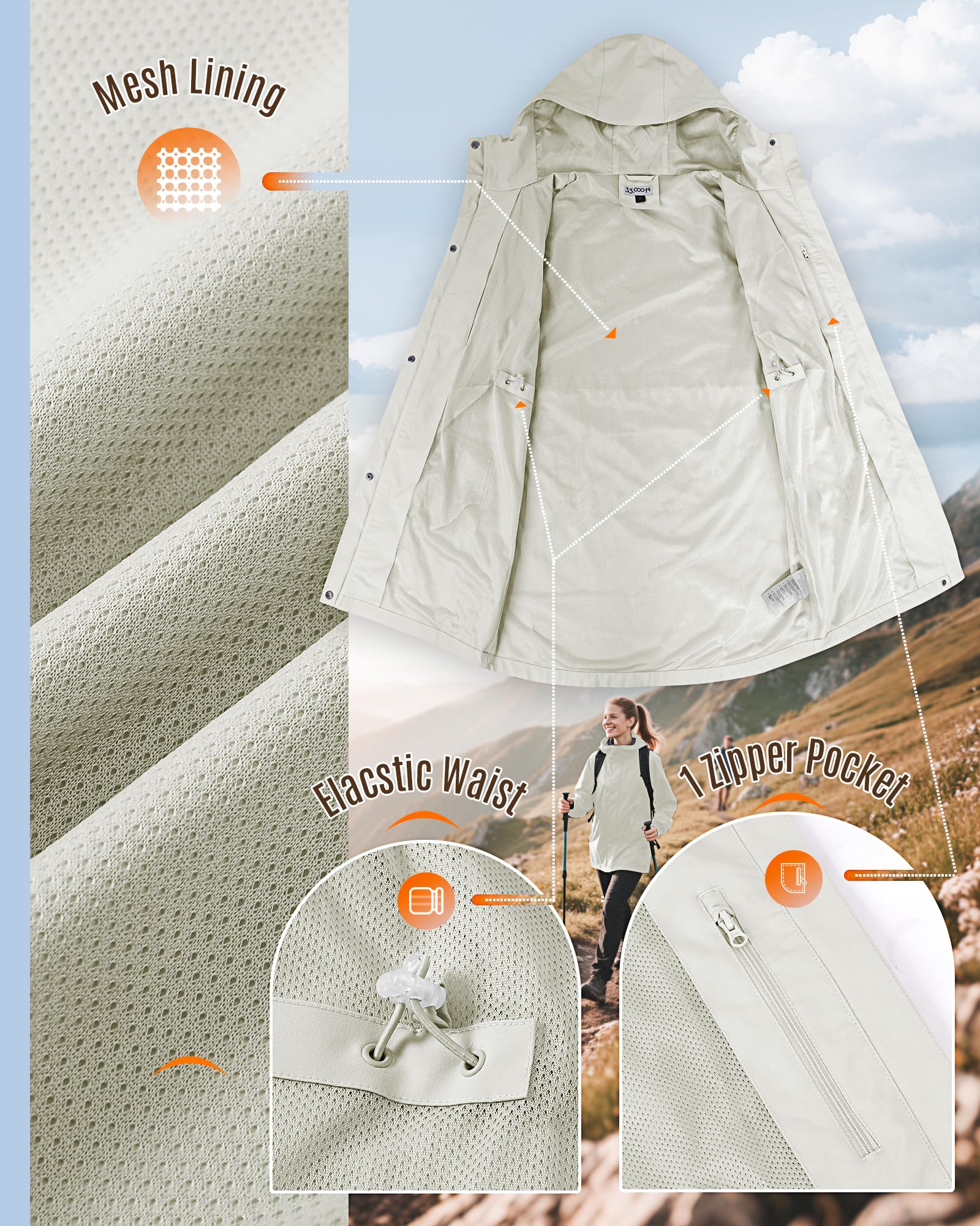 33,000ft Chubasquero para mujer, cortavientos, chaqueta larga e impermeable, chaqueta de softshell con capucha, chaqueta ligera de entretiempo, chaqueta de senderismo, impermeable transpirable para