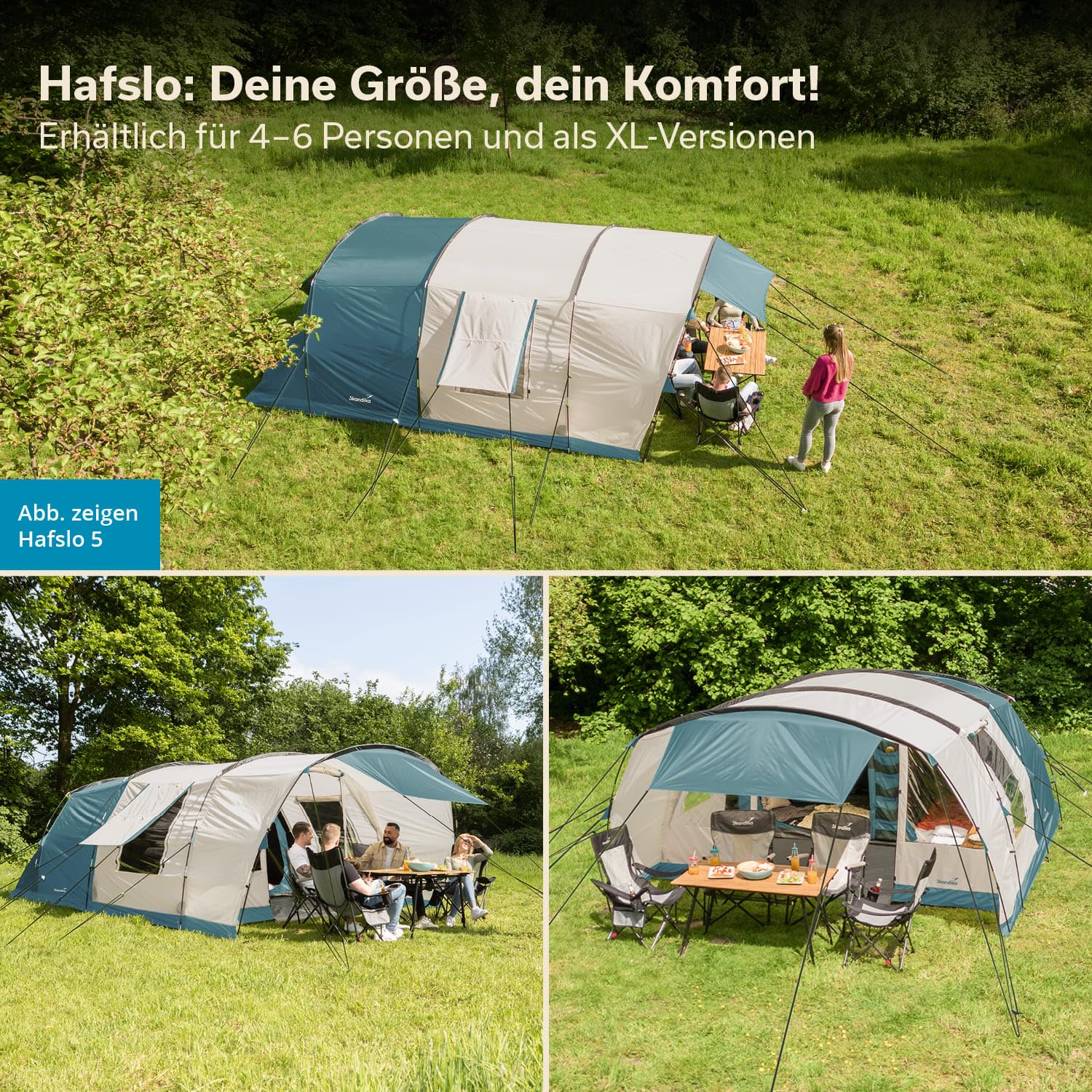 Skandika Hafslo 5 XL Sleeper Protect namiot tunelowy dla 5 osób, technologia Sleeper, wszyta podłoga namiotu, daszek, słup wody 5000 mm | duży namiot rodzinny, namiot, outdoor, kemping