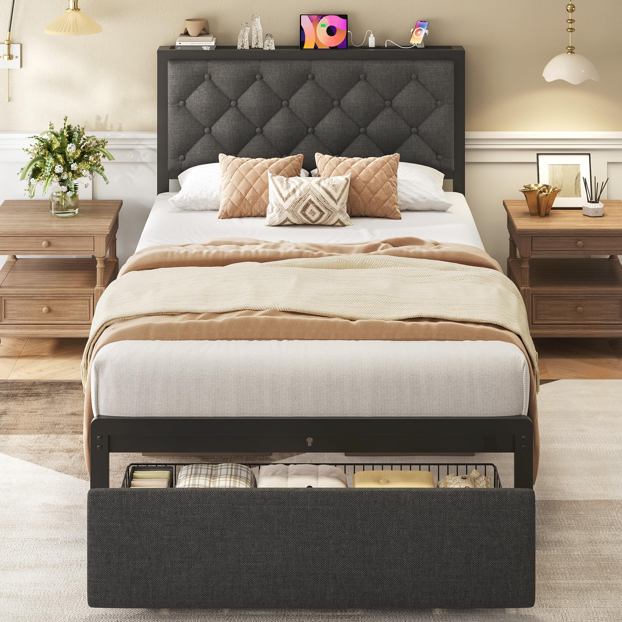 Fluest Twin Bed Frame with Storage Drawer, Upholstered Headboard Button Tufted Bed Frame with Charging Station, No Box Spring Needed, Noise-Free, All