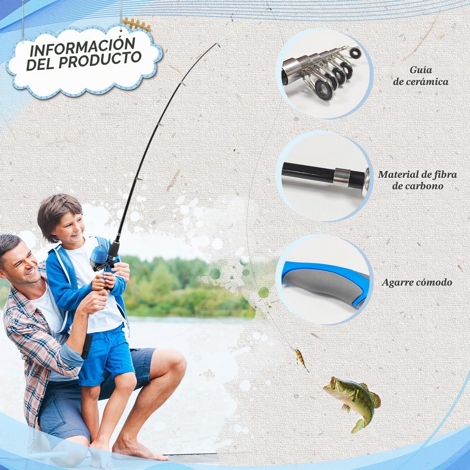 dellyy Cañas de Pescar, Juego de Pesca para Niños, Carretes de Pesca + Caña de Pescar Telescópica, Señuelos de Pesca y Accesorios, Caña de Pescar para Viaje, con Bolsa para Equipo de Pesca