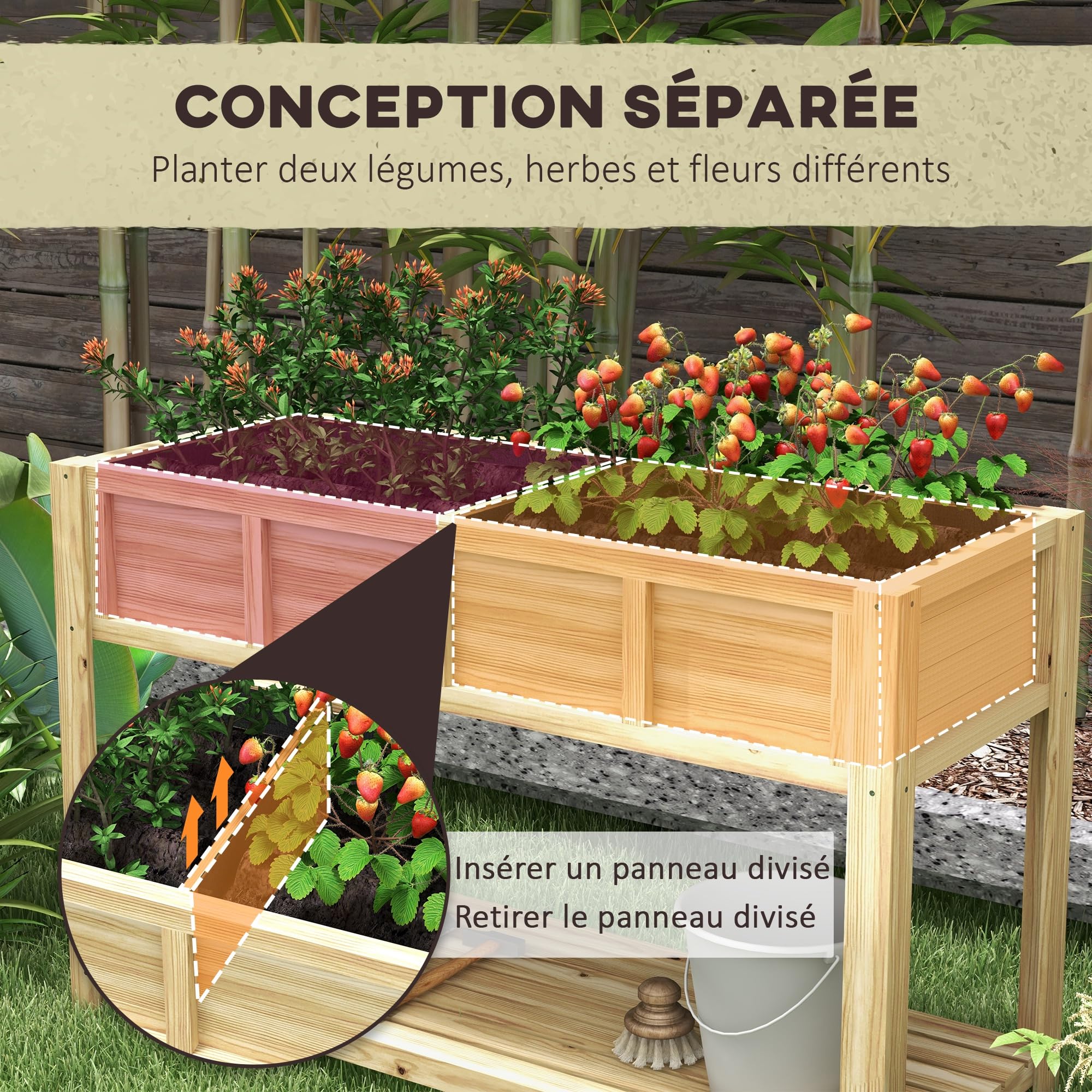 Outsunny Jardinière sur Pieds - Potager avec séparateur Amovible, étagère, Inserts d'irrigation, Feutre de Drainage Inclus - Dim. 115L x 46l x 75H cm - Bois Massif Sapin