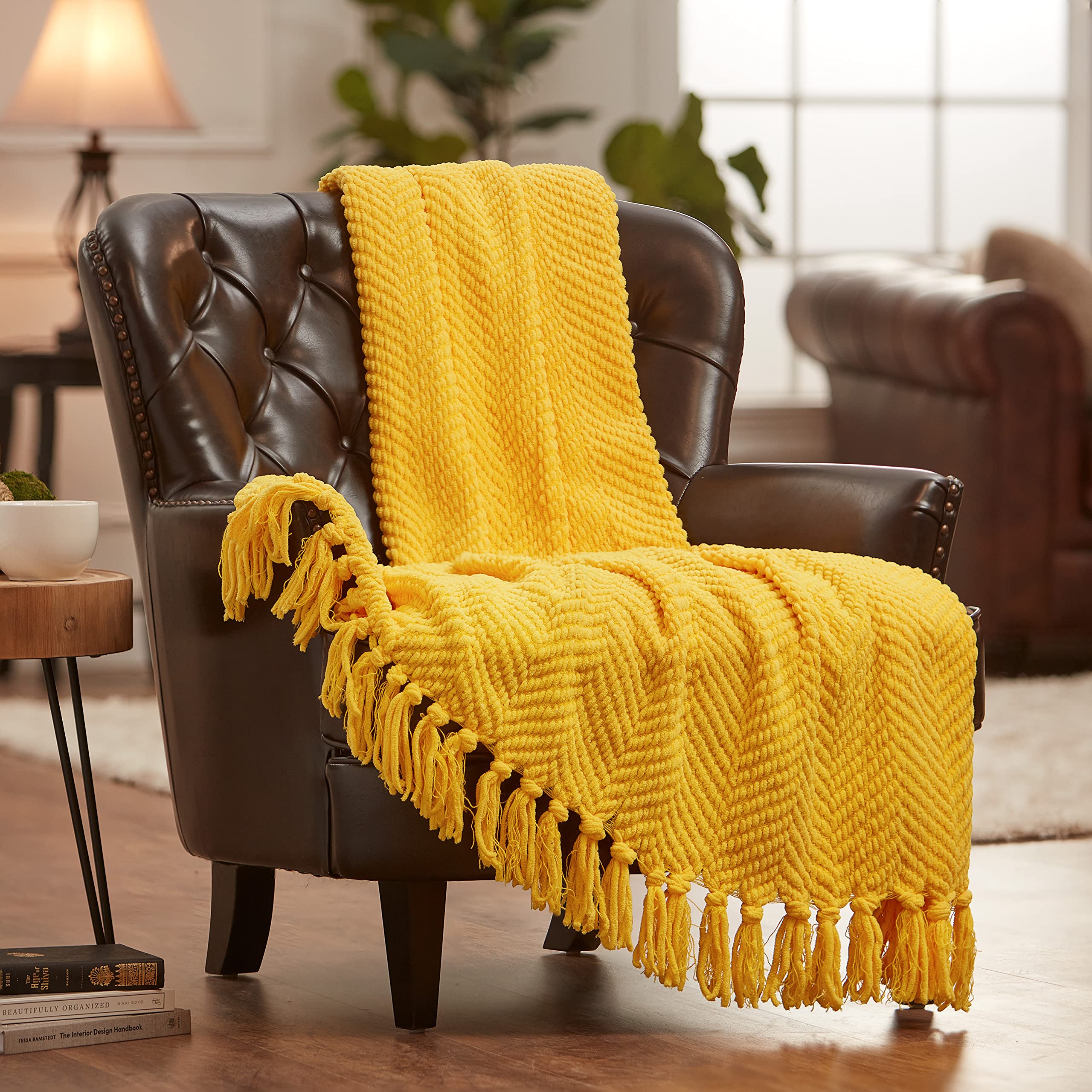 Chanasya Textured Knitted Super Soft Throw Blanket with Tassels - Warm Fluffy Cozy Plush Knit - for Couch Bed Sofa Living Room Framhouse Accent Decor (50x65 Inches) Bright Yellow Blanket