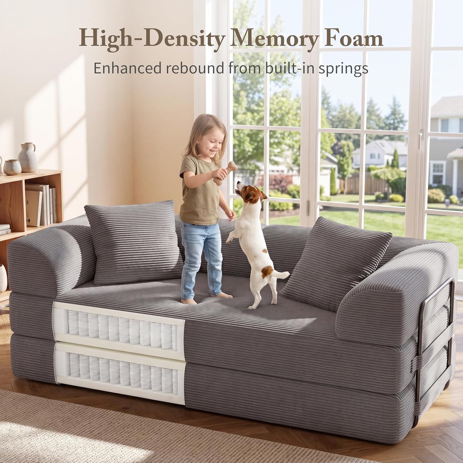 Cloud Boneless Couch Futon Sofa Bed, 5-in-1 Convertible Sofa Bed Pull Out Couch Sleeper Sofa Compressed Loveseat, 70" High-Density Sponge & Corduroy Fabric Futon Daybed for Living Room Bedroom (Gray) | 5-in-1 Convertible, Pull-Out Sofa, High-Density Foam, Corduroy Fabric, Compact Loveseat