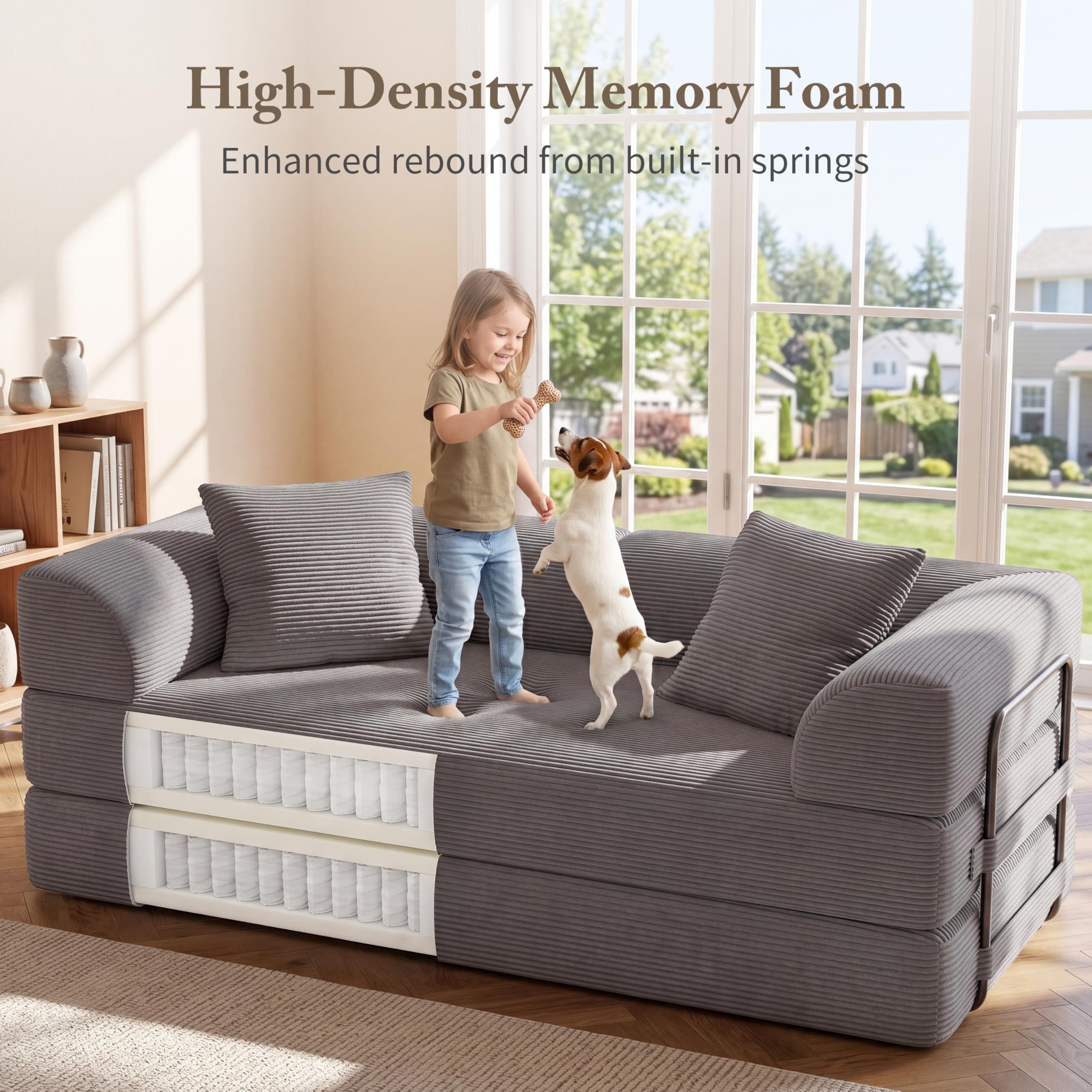 Cloud Boneless Couch Futon Sofa Bed, 5-in-1 Convertible Sofa Bed Pull Out Couch Sleeper Sofa Compressed Loveseat, 70" High-Density Sponge & Corduroy Fabric Futon Daybed for Living Room Bedroom (Gray) | 5-in-1 Convertible
