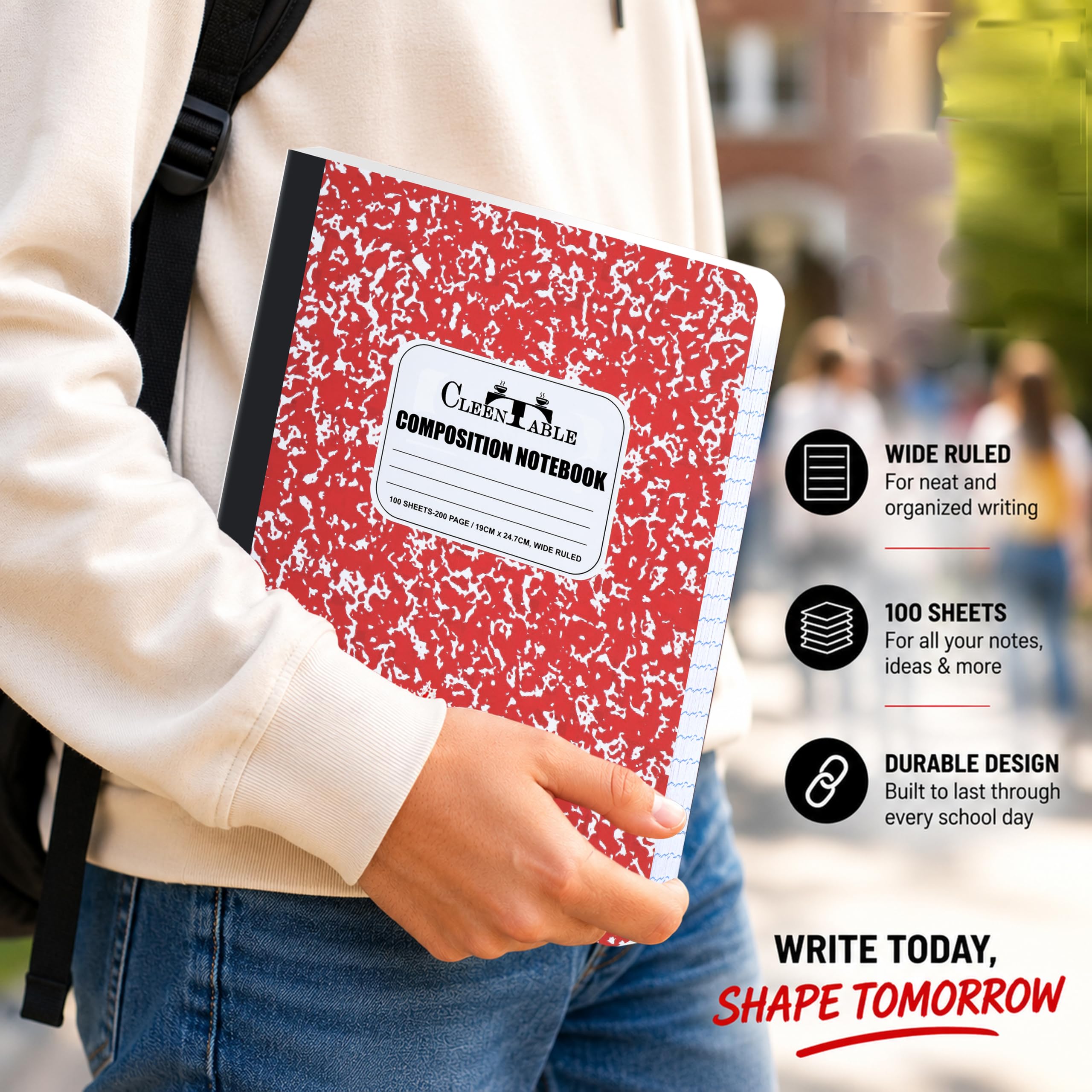 CLEENTABLE Lot de 8 carnets de composition en papier ligné pour l'école, carnet de notes scolaire, 24,5 x 18,5 cm, 100 feuilles, 200 pages, couverture marbrée – Rouge