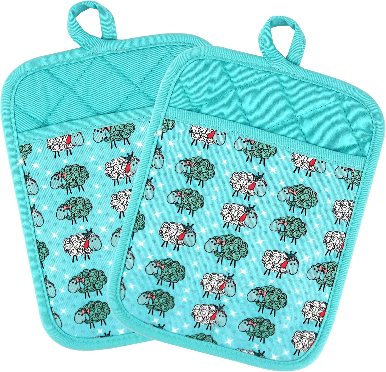 Pot Holders Set of 2 Heat Resistant 480 ℉ Non Slip Clear Silicone Printed Comfortable Cotton Lining Kitchen Women Men Cooking Barbecue Microwave Machine Washable (Sheep, Blue Potholders) : Home & Kitchen
