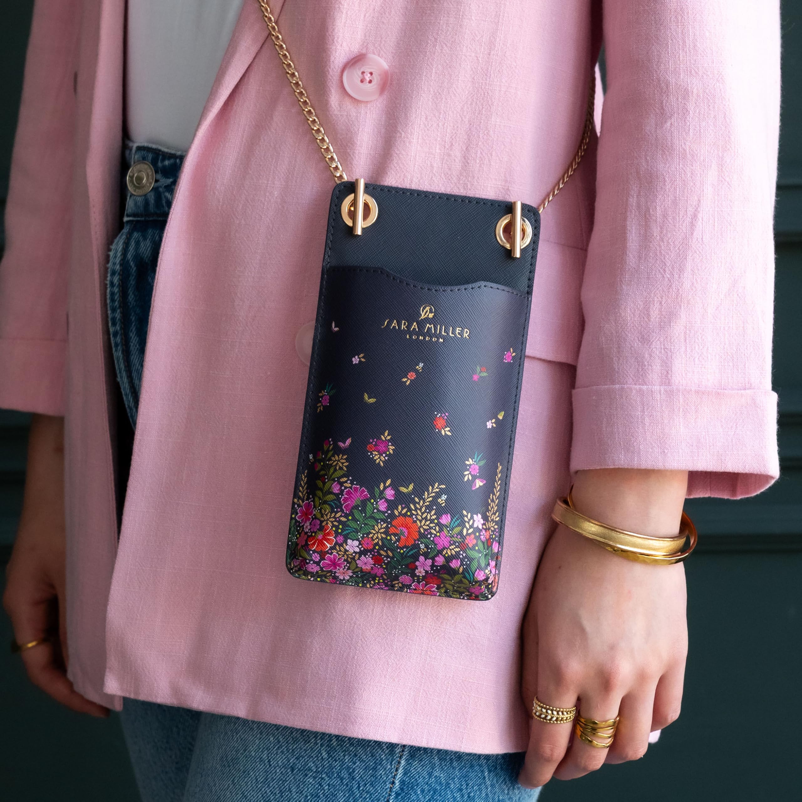 Sara Miller London Borsa a tracolla per telefono, portafoglio con porta carte, borsa da viaggio da donna con cinturino a catena, Distsy Floreale Blu Navy, 2 x 10 x 19 cm