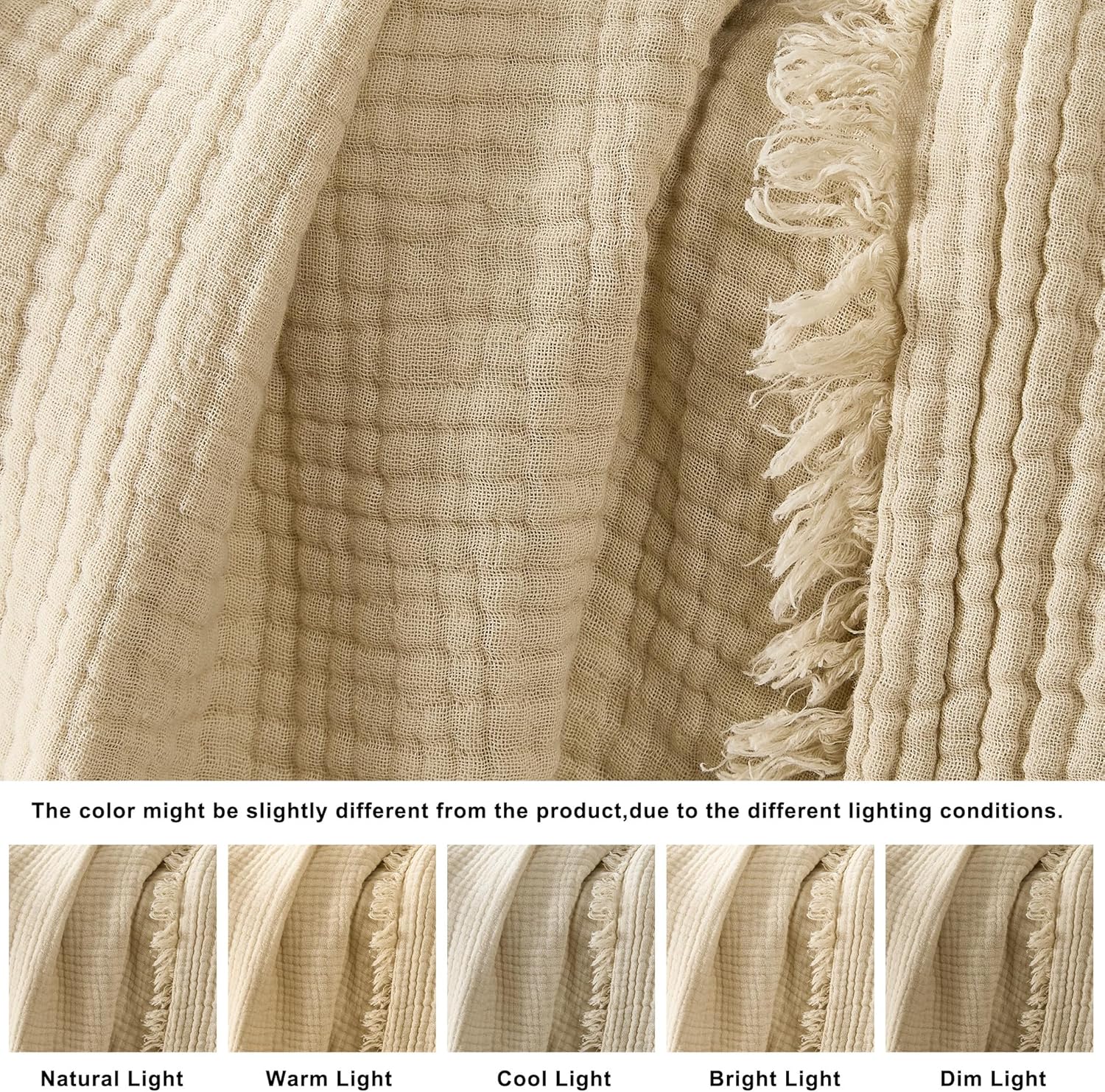 WDCOZY 100% Cotton Muslin Blanket King Size 4-Layer for Bed Breathable Lightweight Soft Large Boho Farmhouse Linen Tassels Ruffle Gauze Blankets All Season for Adults 108x90 Inches Beige Tan Neutral - Image 4