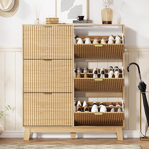 Miniatura 7 de Armario de zapatos para entrada con 6 cajones abatibles, organizador de zapatos estrecho acanalado con patas de madera, almacenamiento delgado