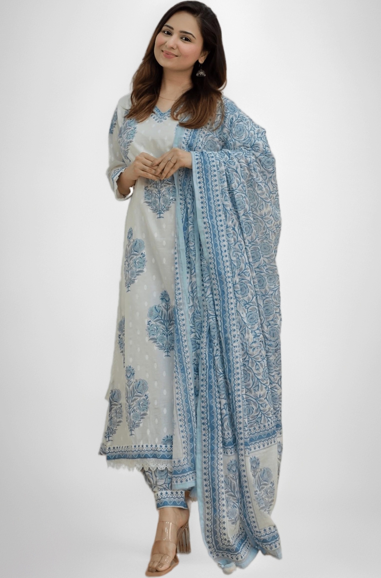 Women's Cotton Printed Floral Straight Kurta with Palazzo Pants and Dupatta