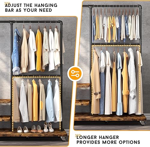 Miniatura 3 de Raybee Industrial Pipe Clothing Rack Heavy Duty Clothes Rack, Rolling Garment Rack with Shelves, Clothing Rack Loads 400 LBS Capacity Portable