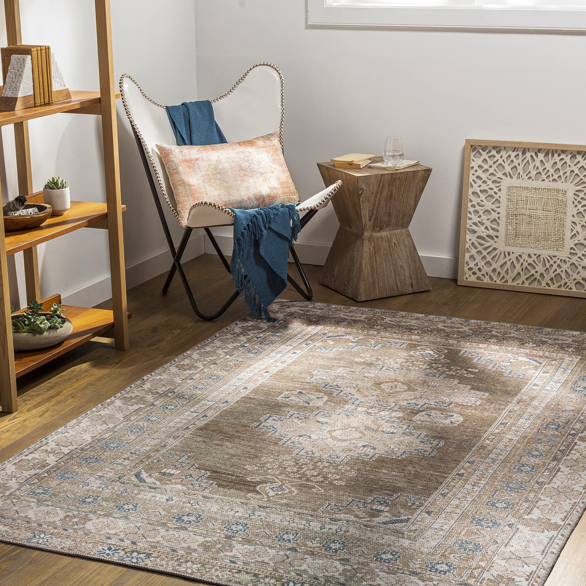 Livabliss Athena Faraoun Machine Washable Runner 80x220 cm – Vintage Boho Pattern for Hallway & Kitchen, Easy Care, Brown, Blue & Beige