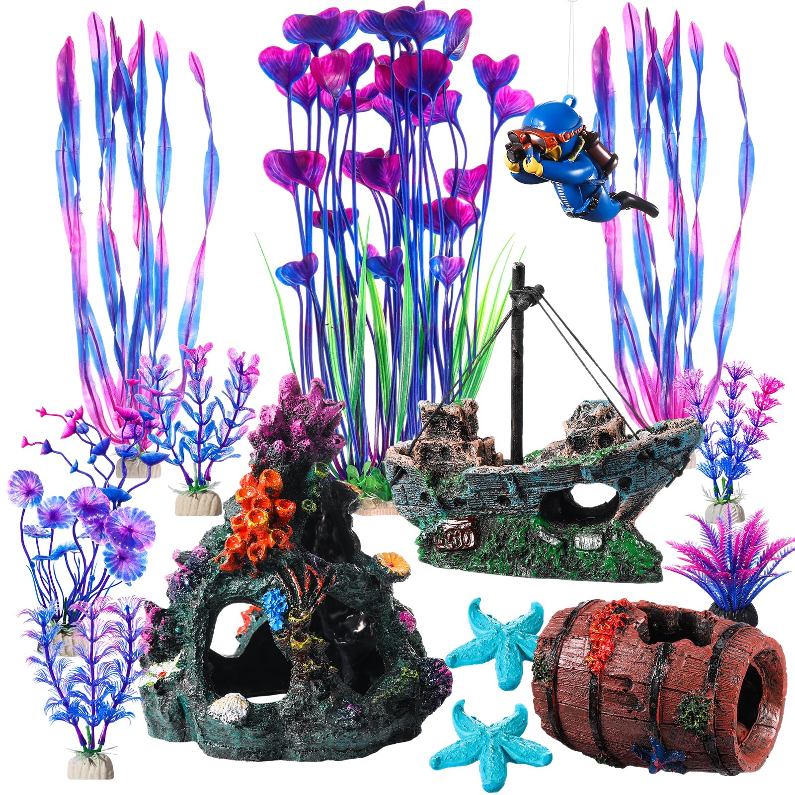 Zeyune Aquarium-Dekoration, Bergdekoration, gebrochenes Fass versunkenes Schiff, künstliche Meeresalgen, Wasserpflanzen, buntes Korallenriff für Fischschale, Dekoration, Aquarium, 15 Stück