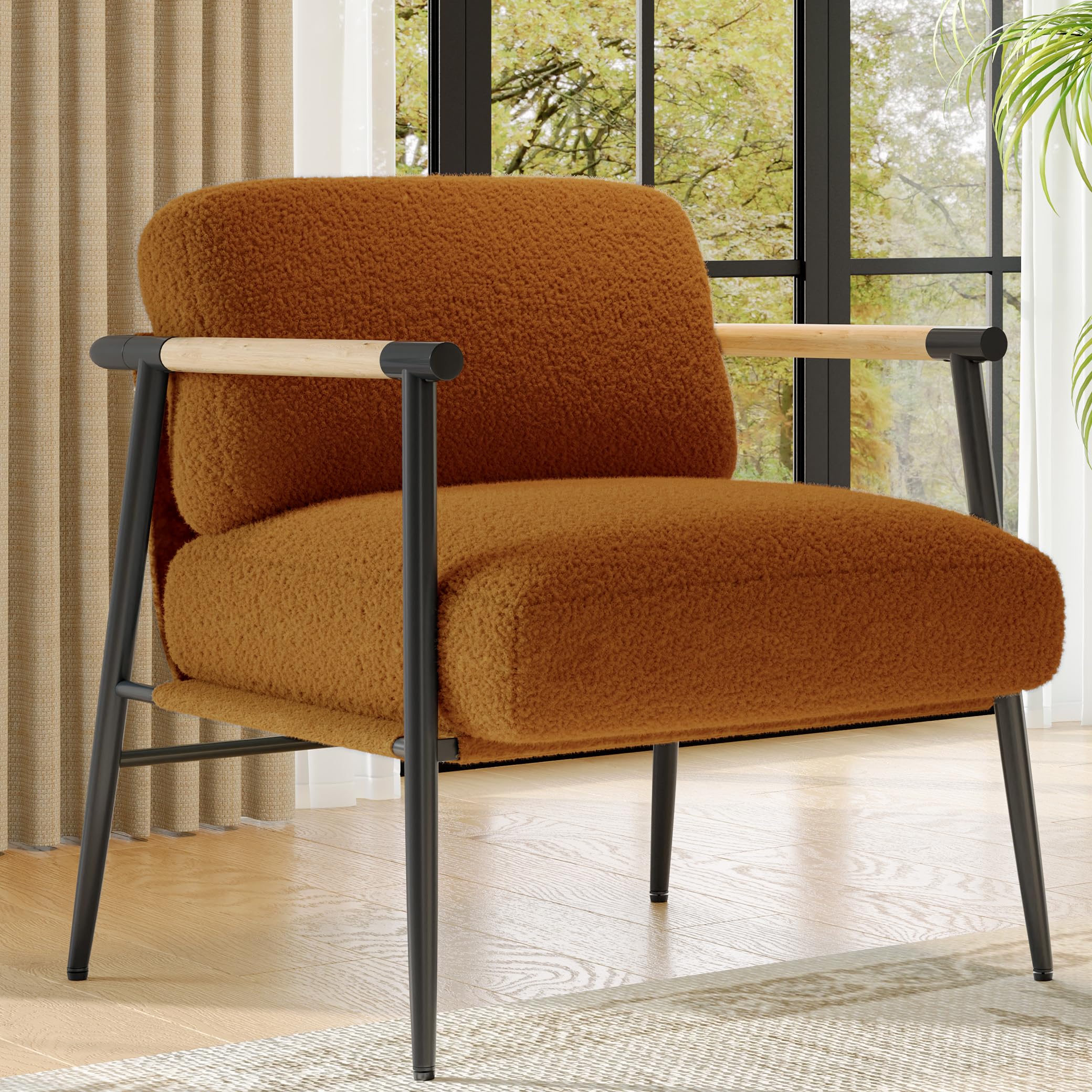 garveehome comfy chair, modern accent chair with metal frame, cozy reading chair with soft cushion & wood armrest for bedroom, living room, brown