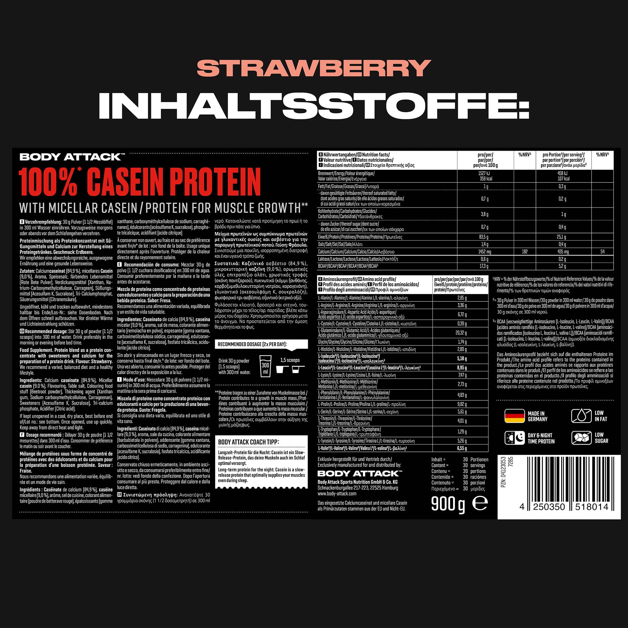 Body Attack 100% Caseine Proteine, Acides aminés-Proteines musculation, Low Carb - Prise de masse -Pour sportifs, athlètes et les personnes soucieuses de leur silhouette-900g protein powder- fraise