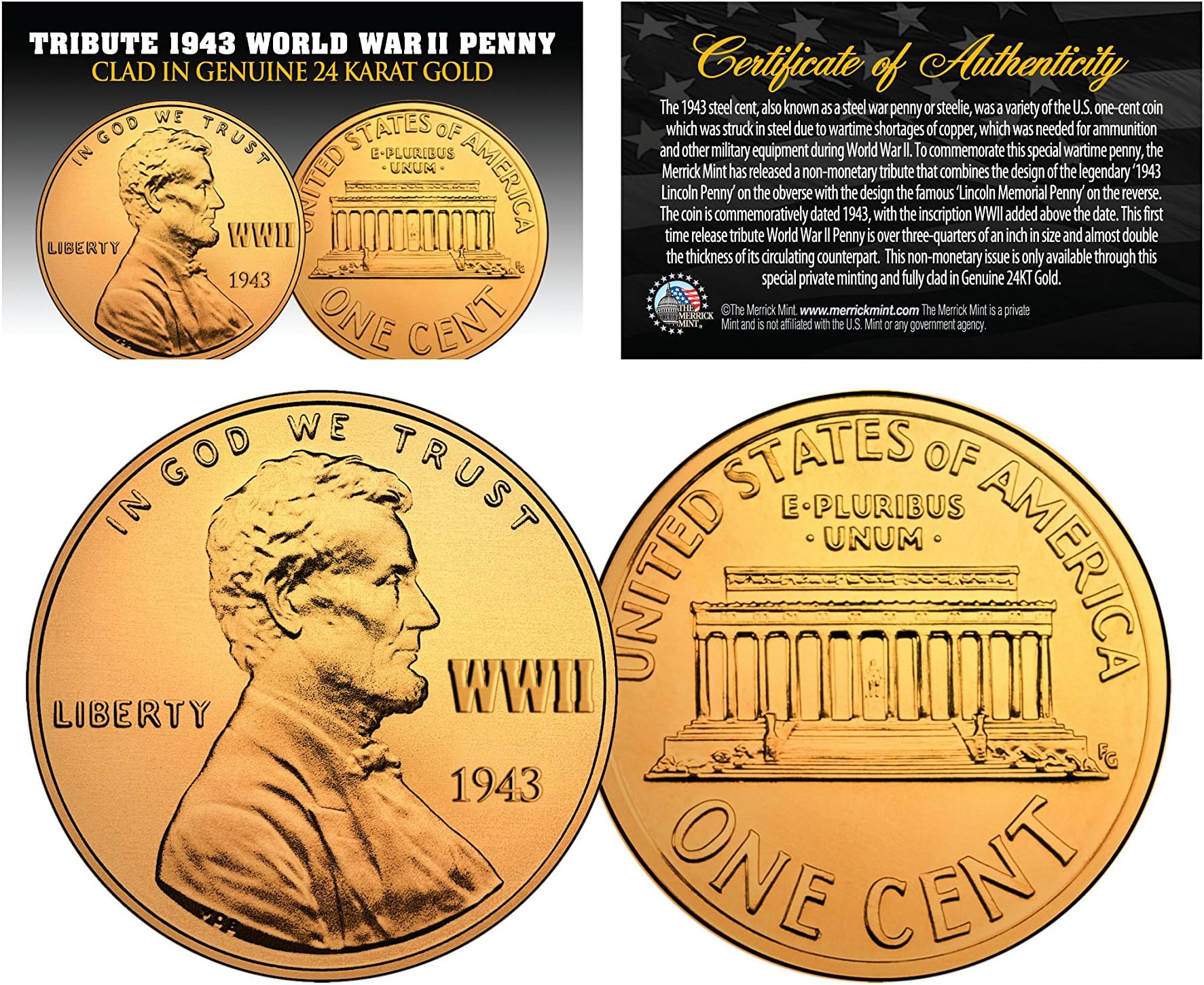 1943 Tribute Steelie WWII Steel Penny Coin Clad in Genuine 24K Gold - Lot of 3
