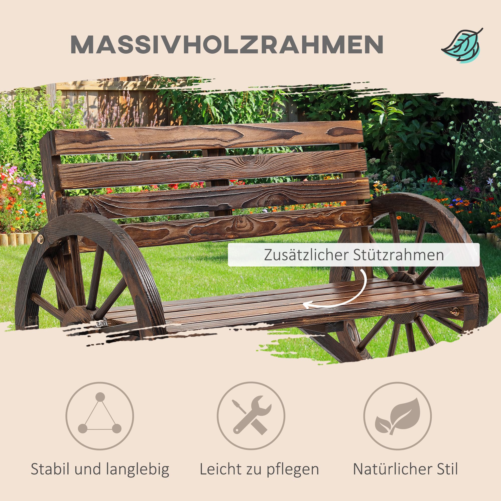 Outsunny 2-Sitzer Gartenbank, wetterfest Sitzbank, Gartenmöbel mit Rücken, Armlehnen im Rädernform Parkbank 240kg belastbar, Balkonbank, Holzbank für Balkon, Garten, 105,5 x 56 x 79 cm, Braun