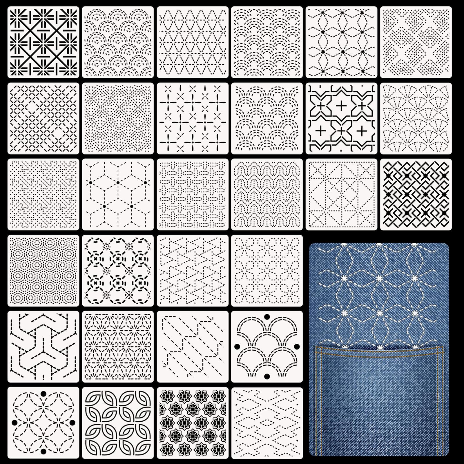 28st Plastic Sashiko-Stencilset, Inclusief 12st Geometrische Eenvoudige Sashiko-Borduursjablonen 1st Vingerhoed 5st Naalden 5 Rollen Draden 5st Vingerhouders voor Hand Quilten Naaien Borduren
