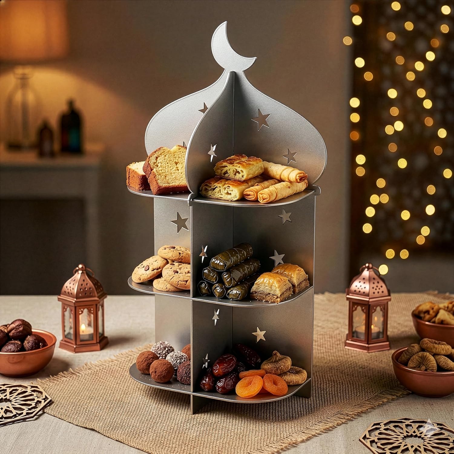 Iwa Concept 3-Tier Metal Serving Tray – Mihrab-Inspired Freestanding Eid & Ramadan Tray with Crescent & Star Design for Dates, Dry Fruits, Nuts, and Sweets