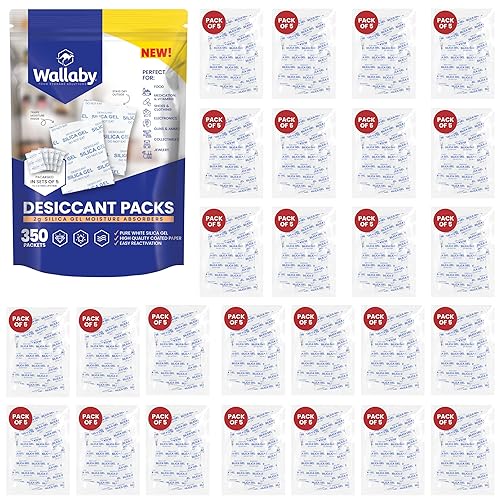 Wallaby Paquete de deshumidificador desecante de gel de sílice blanco puro y seguro para alimentos, 0.18oz (350 paquetes), absorbentes de humedad