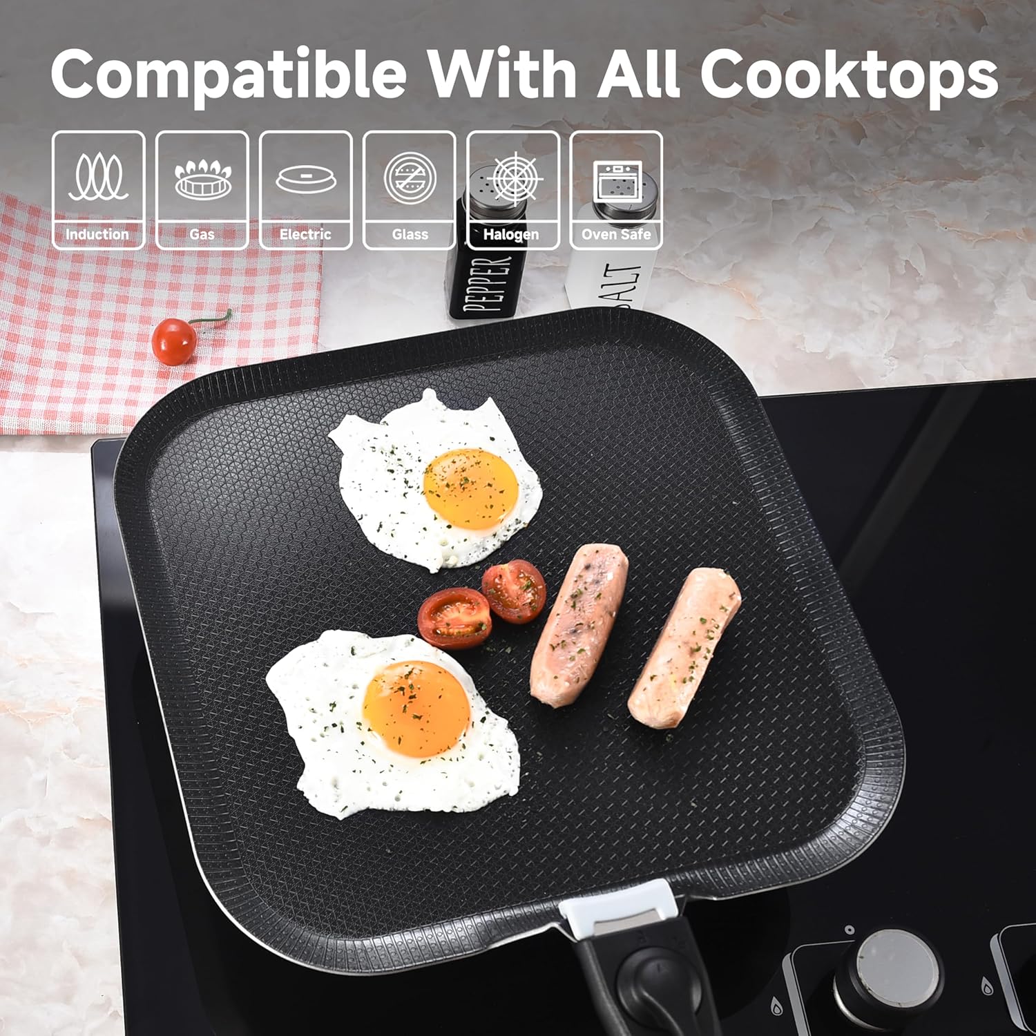 LOLYKITCH 11 Inch Ceramic Nonstick Square Griddle Pan，Hybrid Tri-ply Stainless Steel Pancake Pan,Detachable Handle,Dishwasher and Oven Safe