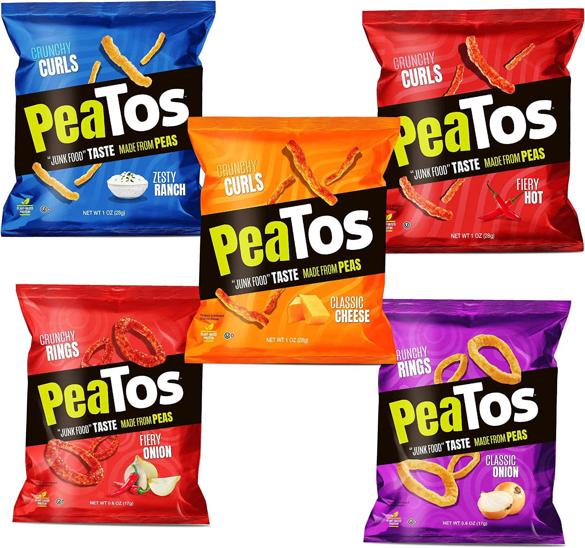 PeaTos Party Mix Crunchy Curls & Rings, Pea Protein Puffs, Snack Packs (4g Protein, 3g Fiber) [Variety] 1 Ounce Bags, 15 Count | Bold Flavor, Gluten Free