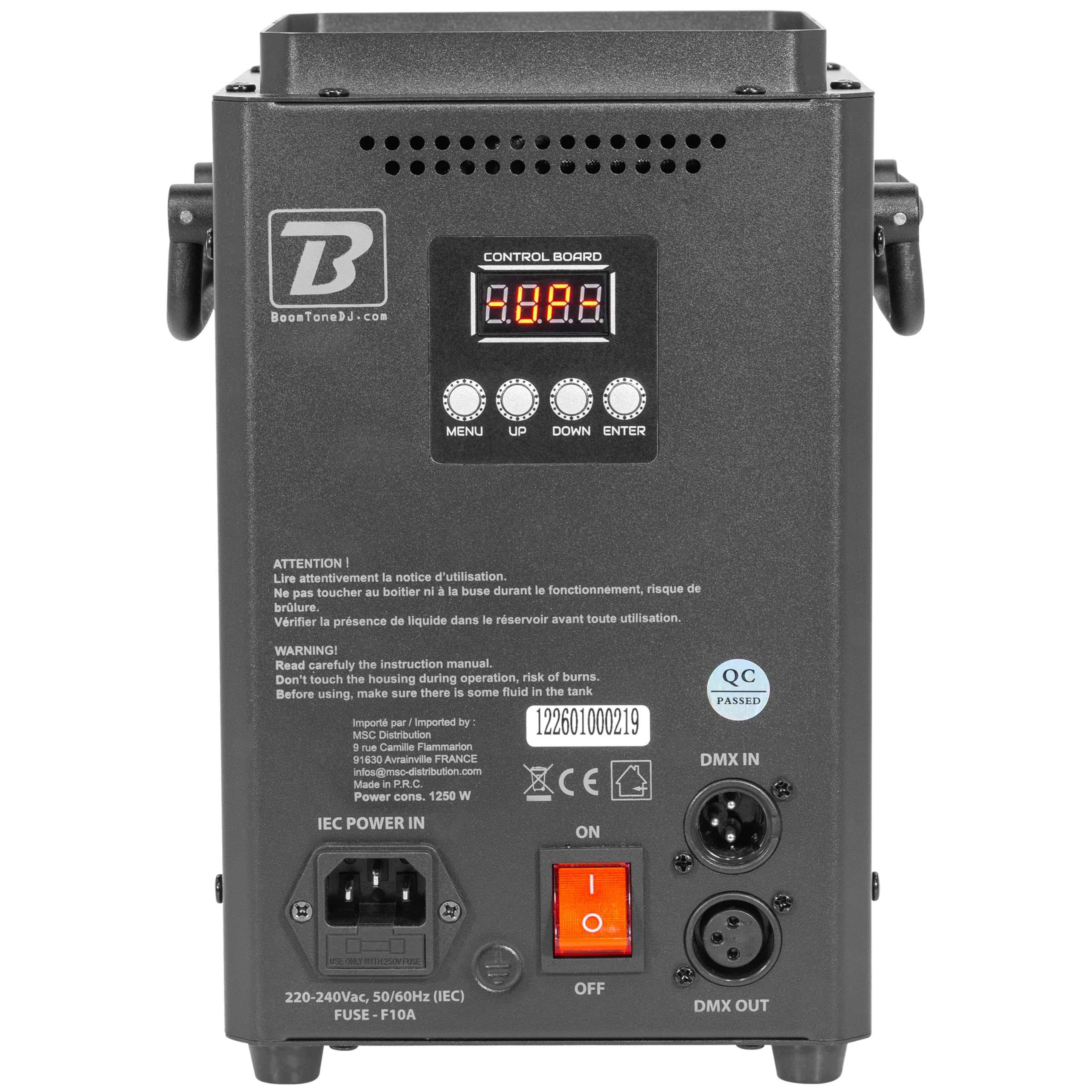 BoomTone DJ Jet Smoke 1200 – Vertikal-Nebelmaschine 1200W mit LED RGBA – Strahl 5,5 m, Tank 1,2 l, Vorwärmung 4 min – Fernbedienung oder DMX 8 Kanäle – Ideal für den Innenbereich (IP20)