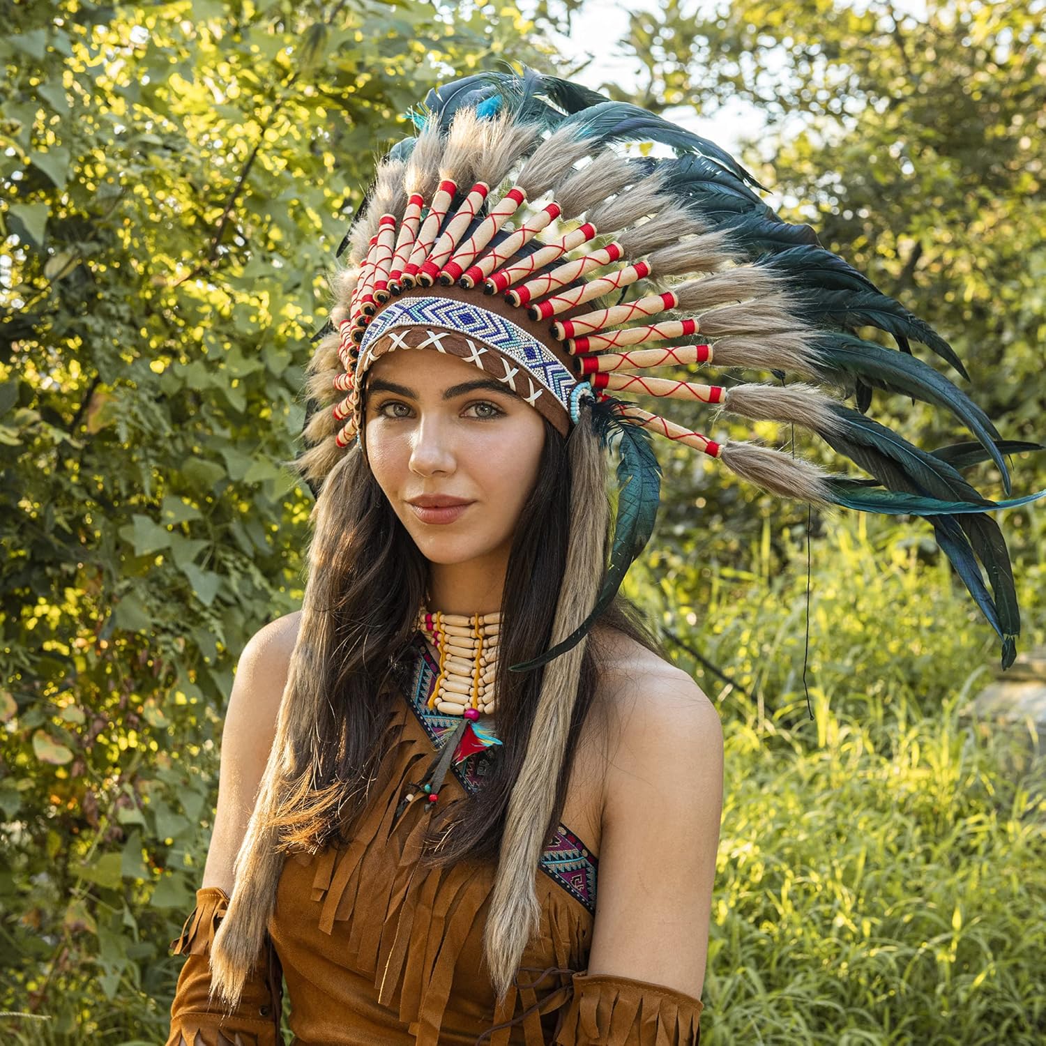 Ballinger Medium Native Feather Headdress and Choker for Men and Women,Halloween,Carnival,Role Play and Costume Parties - Image 2
