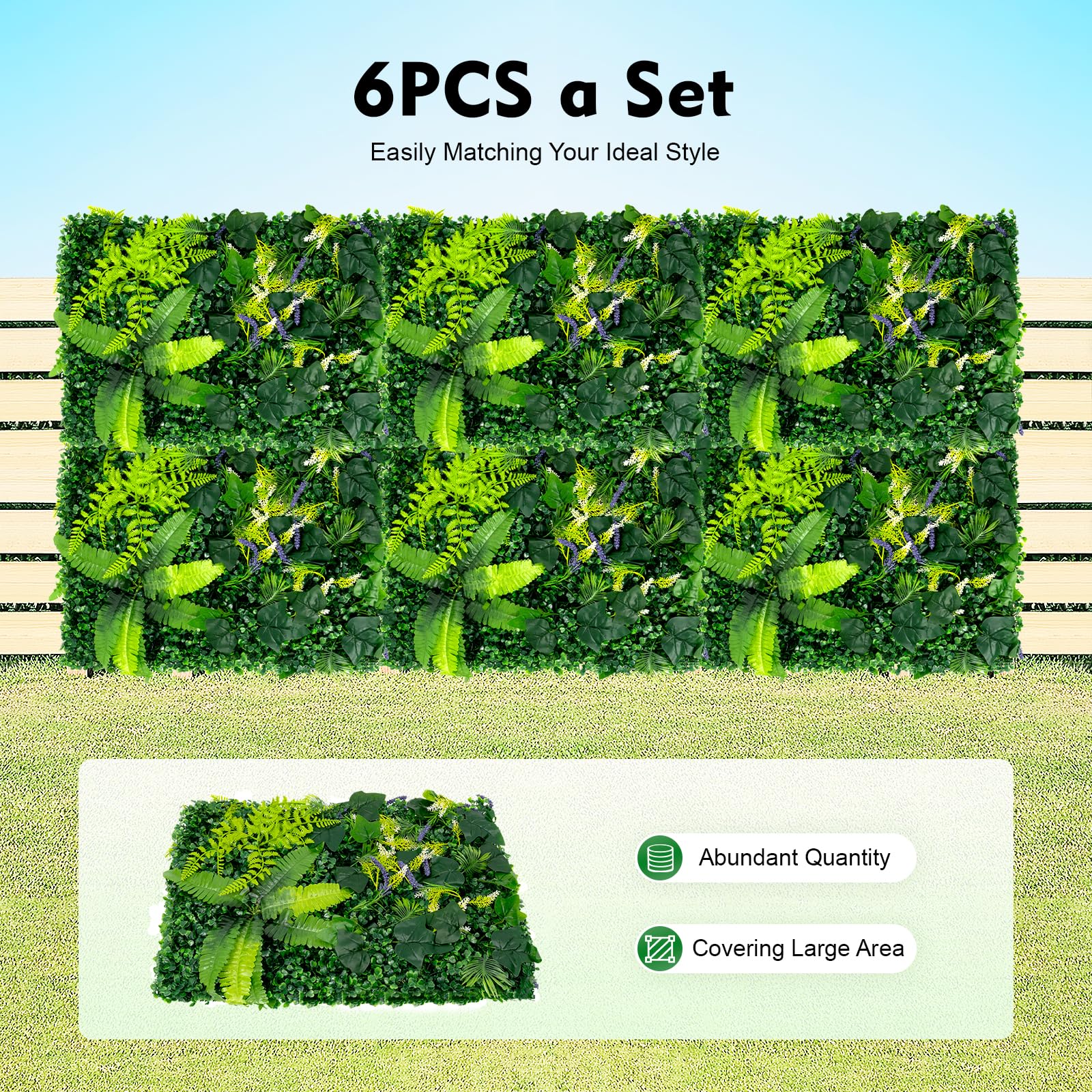 6 Stück Pflanzenwand Outdoor 40x60cm Kunstpflanzen Wand 2,1 kg | Lebensechte 3D-Blätter, Keine Montage, Kunststoff Wandbefestigung Künstliche Pflanzenwand, Für Zuhause & Gartendekoration