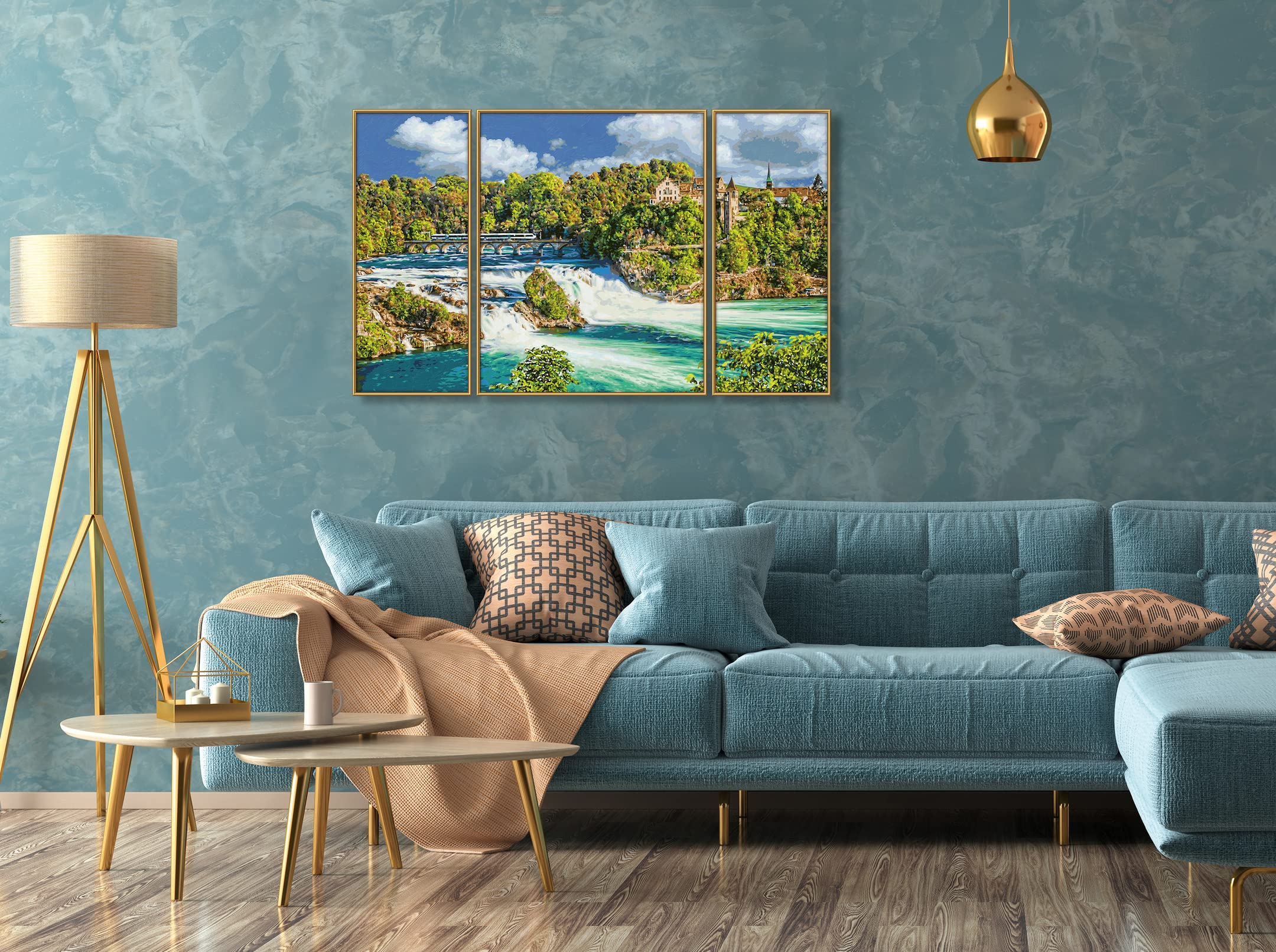 Schipper 609260888 Dipingere con i Numeri, Spettacolo Naturale Rheinfall, Pittura per Adulti, Inclusi pennelli e Colori acrilici, trittico, 50 x 80 cm
