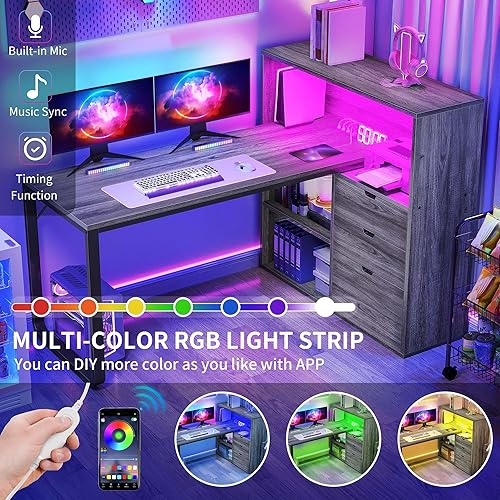 Miniatura 4 de DWVO - Escritorio en forma de L con cajones, escritorio de esquina para computadora de 55" con estante, tomas de corriente y luces LED, escritorio