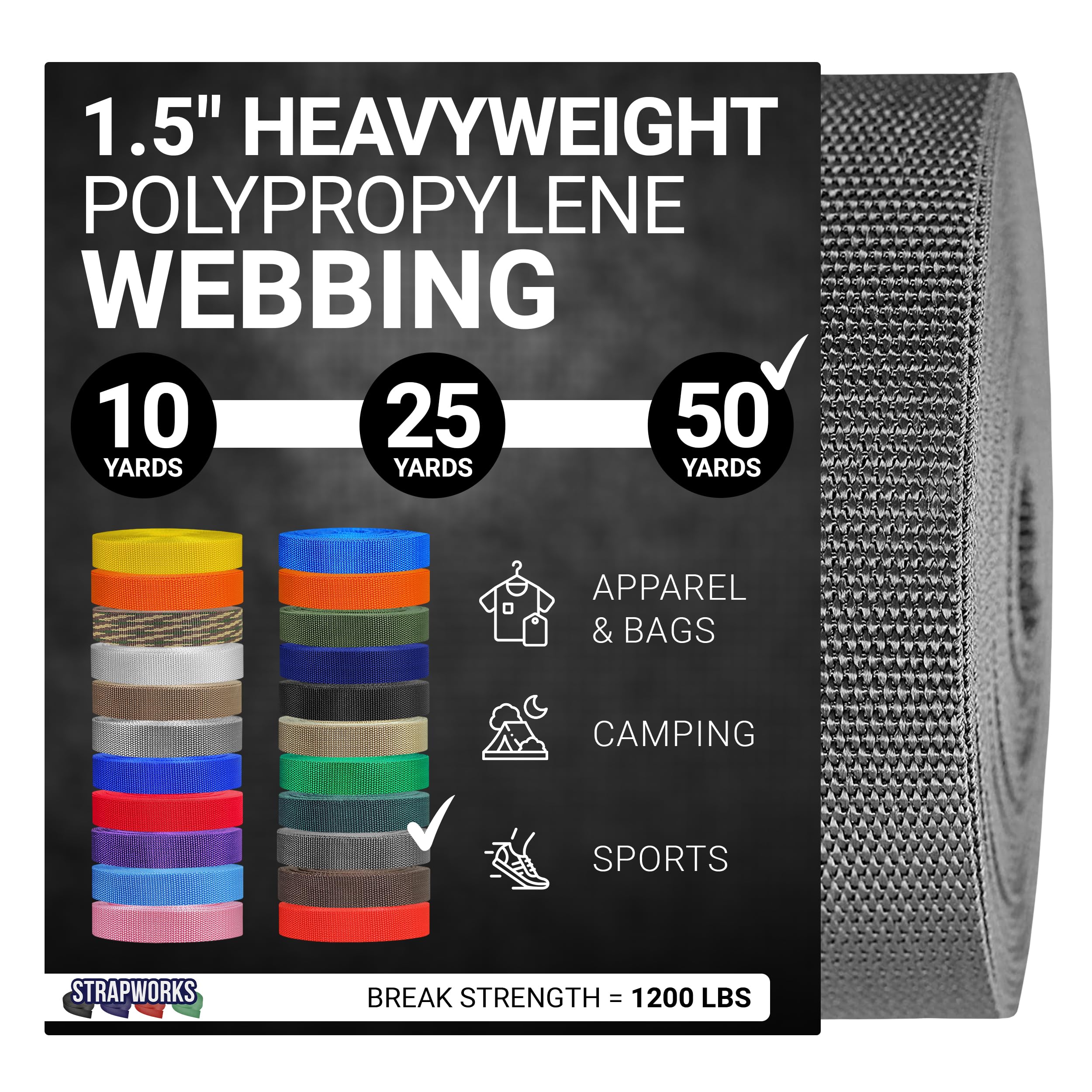 Strapworks Heavyweight Polypropylene Webbing - Heavy Duty Poly Strapping for Outdoor DIY Gear Repair, 1.5 Inches