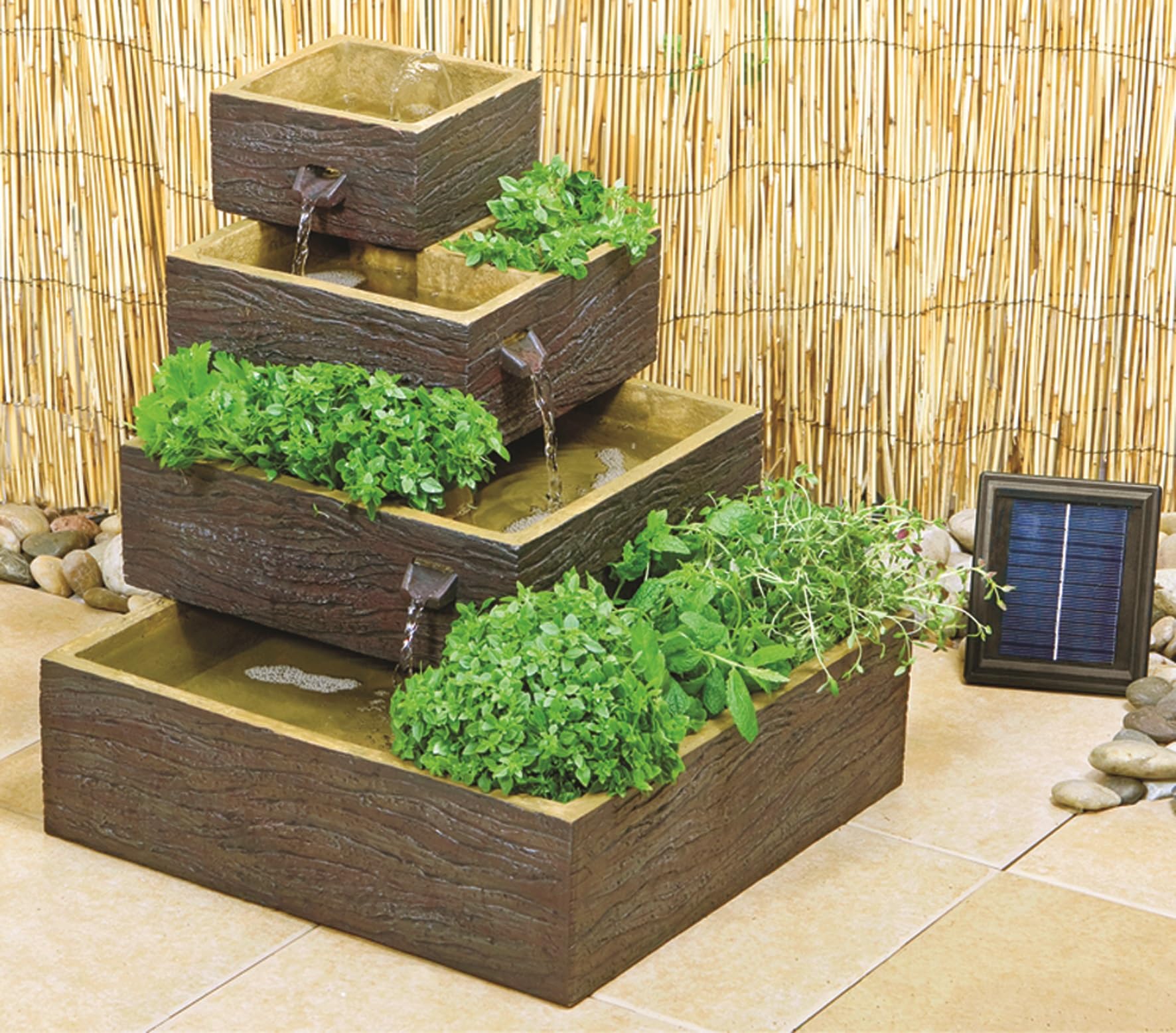 Primrose Stone 42Cm Solar Powered Wood Effect 4 Tier Cascading Outdoor Water Feature & Herb Planter