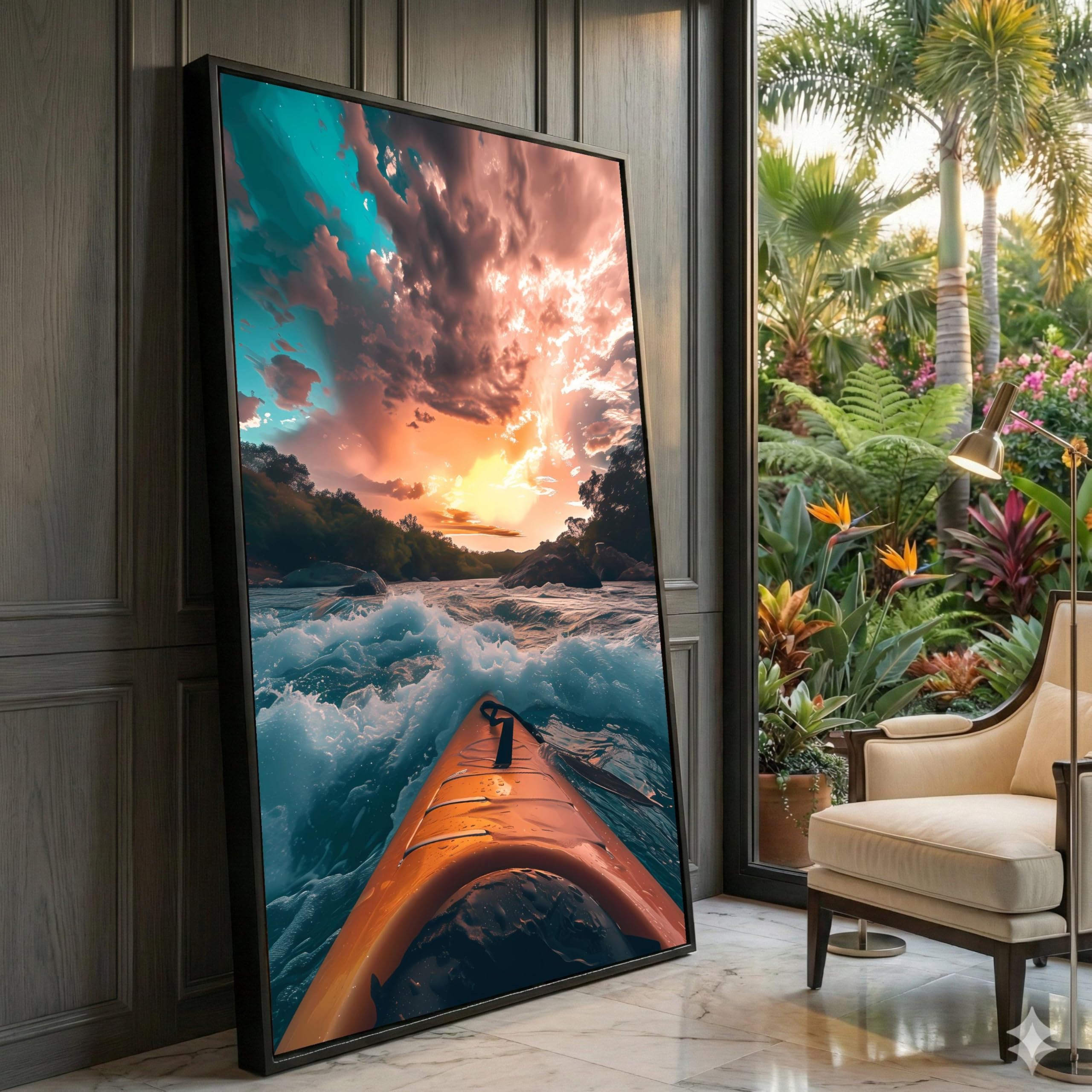 XINBAO Kayaking Canvas Wall Art, River Rapids Scene, Sunset Landscape Canvas, Outdoor Water Sports Wall Decor, Nature Painting(21x30cm/Frameless)