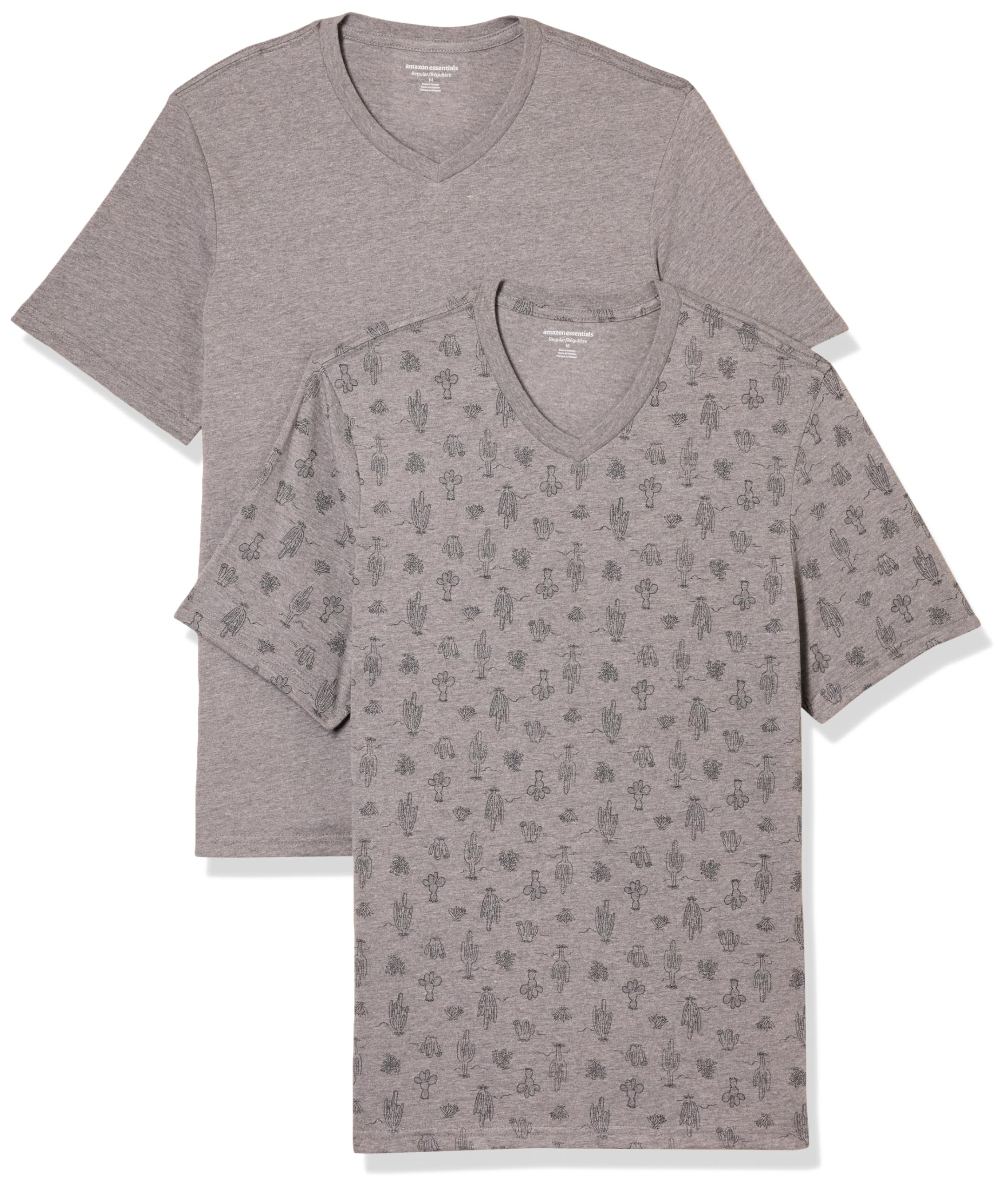 Amazon Essentials Herren T-Shirt Regular-Fit Kurzarm V-Ausschnitt (erhältlich in Big & Tall), 2er Pack, Grey Heather Cactus, Small