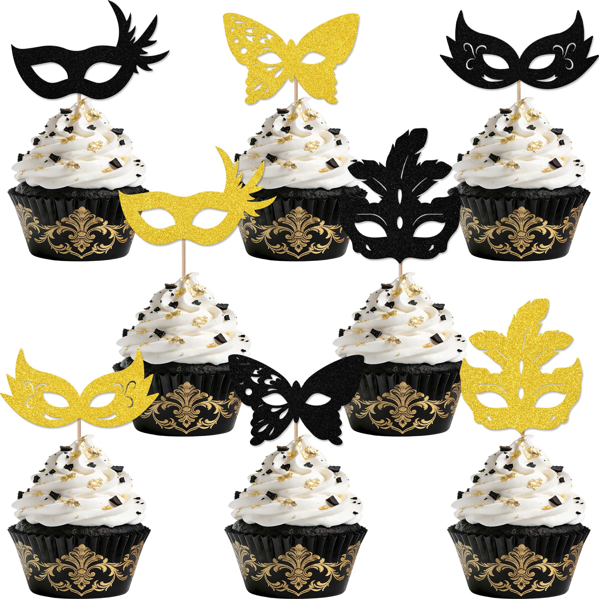 Aumccxz 24Pcs Masquerade Masks Cupcake Toppers Masquerade Mardi Gras Party Decorations Mardi Gras Baby Shower Birthday Party Decorations Black & Gold