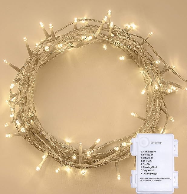 ANSIO Christmas Lights Timer Indoor Outdoor Fairy Lights Festive Wedding Bedroom Novelty Decorations Tree String Lights Battery Powered (100 LED Warm White Clear Cable)