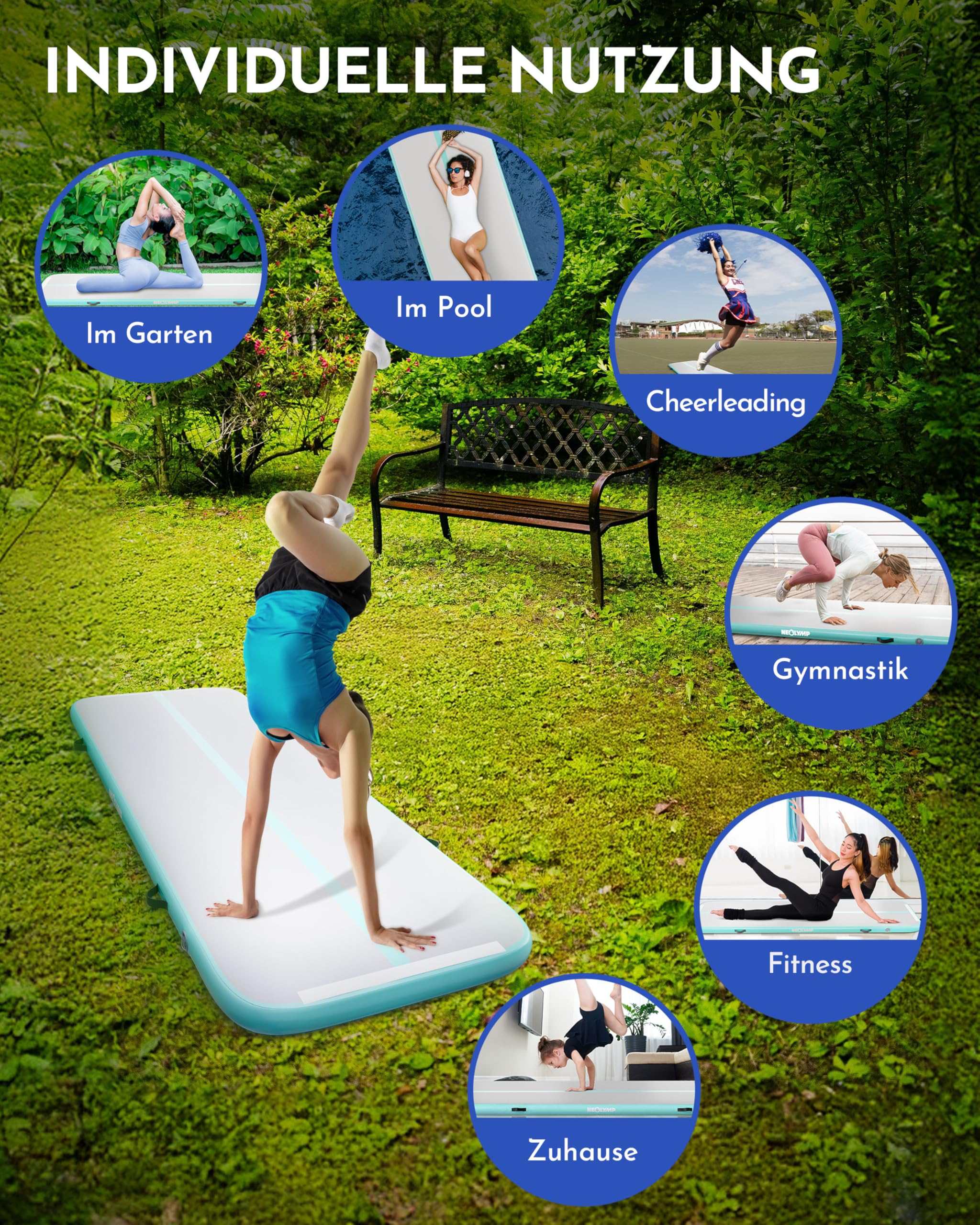 NEOLYMP Turnmatte - Tumbling Matte 3m - Aufblasbare Sprungmatte Kinder & Erwachsene - Rutschfeste Gymnastikmatte - Sportmatte mit elektrischer Luftpumpe