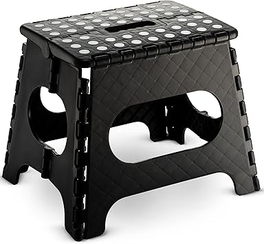 Folding Step Stool - 11" Hight - The Lightweight Step Stool is Sturdy Enough to Support Adults and Safe Enough for Kids. Opens Easy with One Flip. Great for Kitchen, Bathroom, Bedroom Black