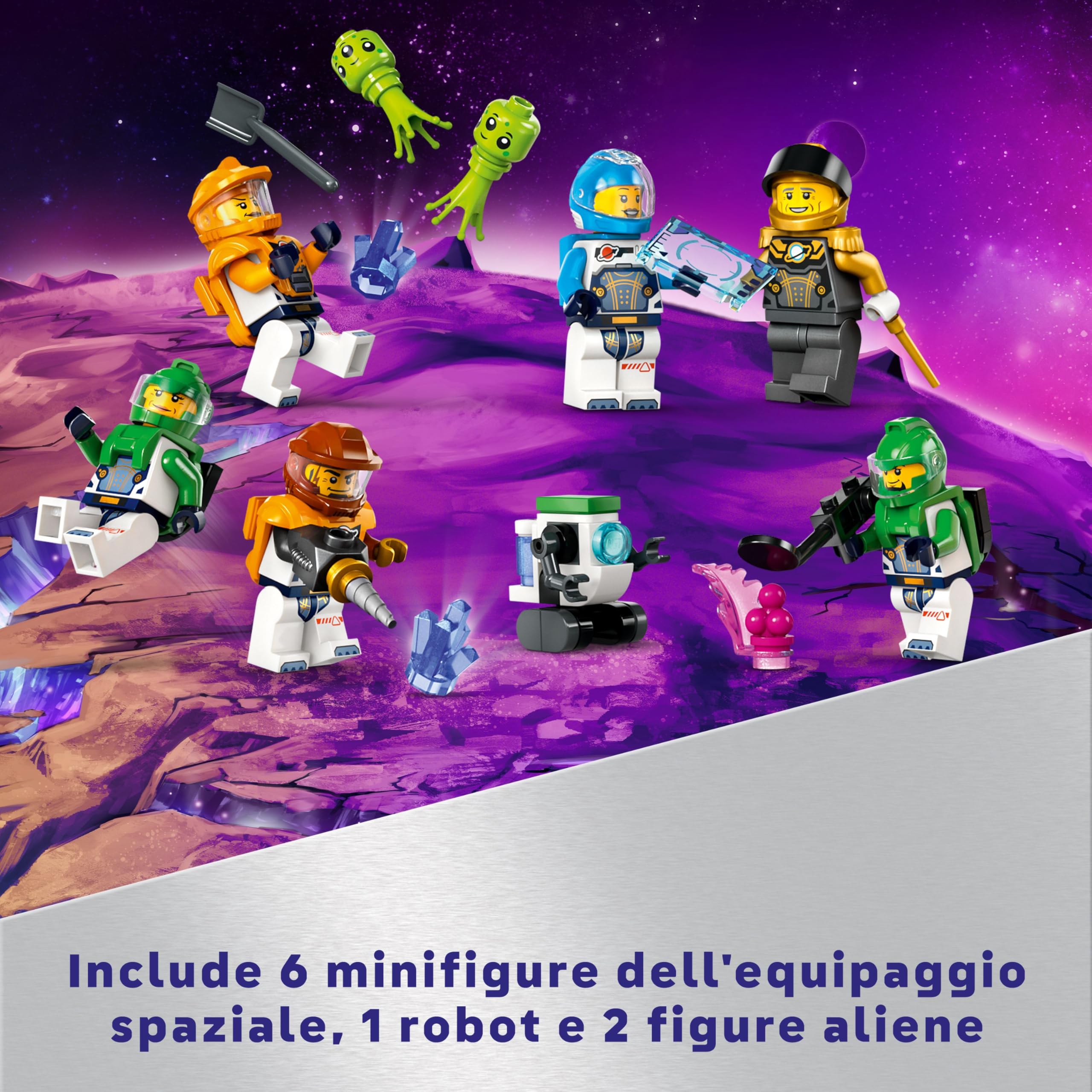 LEGO City Base Spaziale e Piattaforma di Lancio, Gioco per Bambini da 8 Anni in su con Gru Giocattolo a 360 Gradi, Astronave, Veicolo Rover, 6 Minifigure di Astronauti, Robot e 2 Alieni 60434