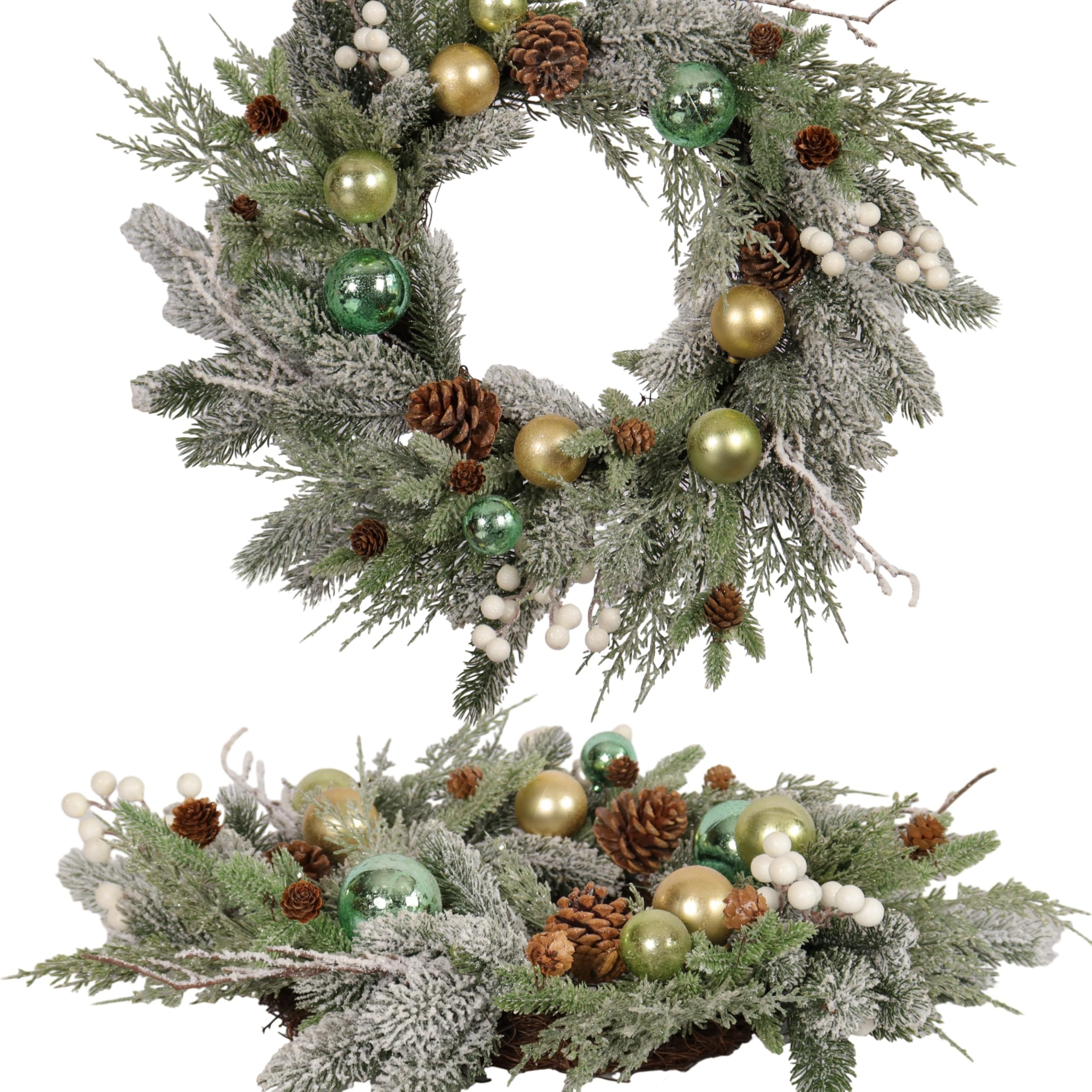 Quixem Holiday Christmas Wreath for Front Door, Snow Flocked 22-inch Artificial Winter Wreath with Gold and Green Ornaments, Pinecones and White
