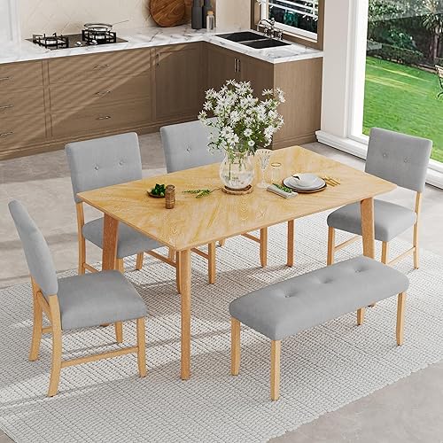 Miniatura 3 de Merax Juego de mesa de comedor de madera maciza de 6 piezas para 6, estilo rústico rectangular con 4 sillas tapizadas de madera y 1 banco, cocina