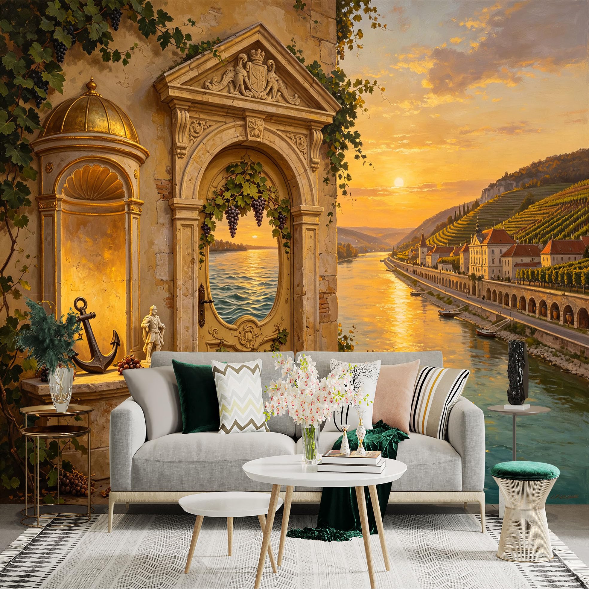 Custom Size Wall Sticker Mural， Vintage Riverside Villa with Sunset， Vineyard and Stone Archway， for wall Decoration， peelandstick wall Decals.