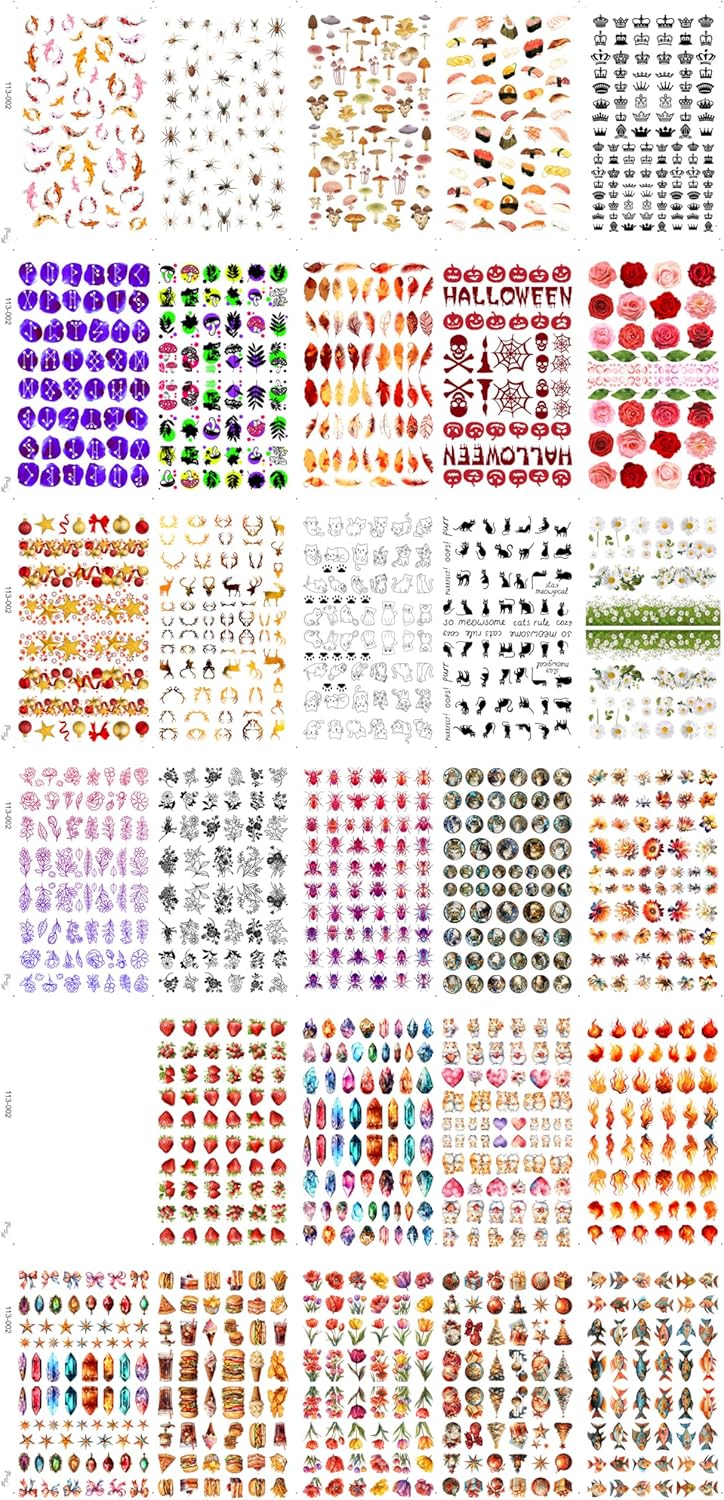 30 Sheets Nail Stickers Collection ~ Flame Elements ~ Fire Flames Crystals Stars Ornaments Flowers and Assorted Motifs in Vibrant Detailed Style Creating Bold Dynamic Manicure Decals